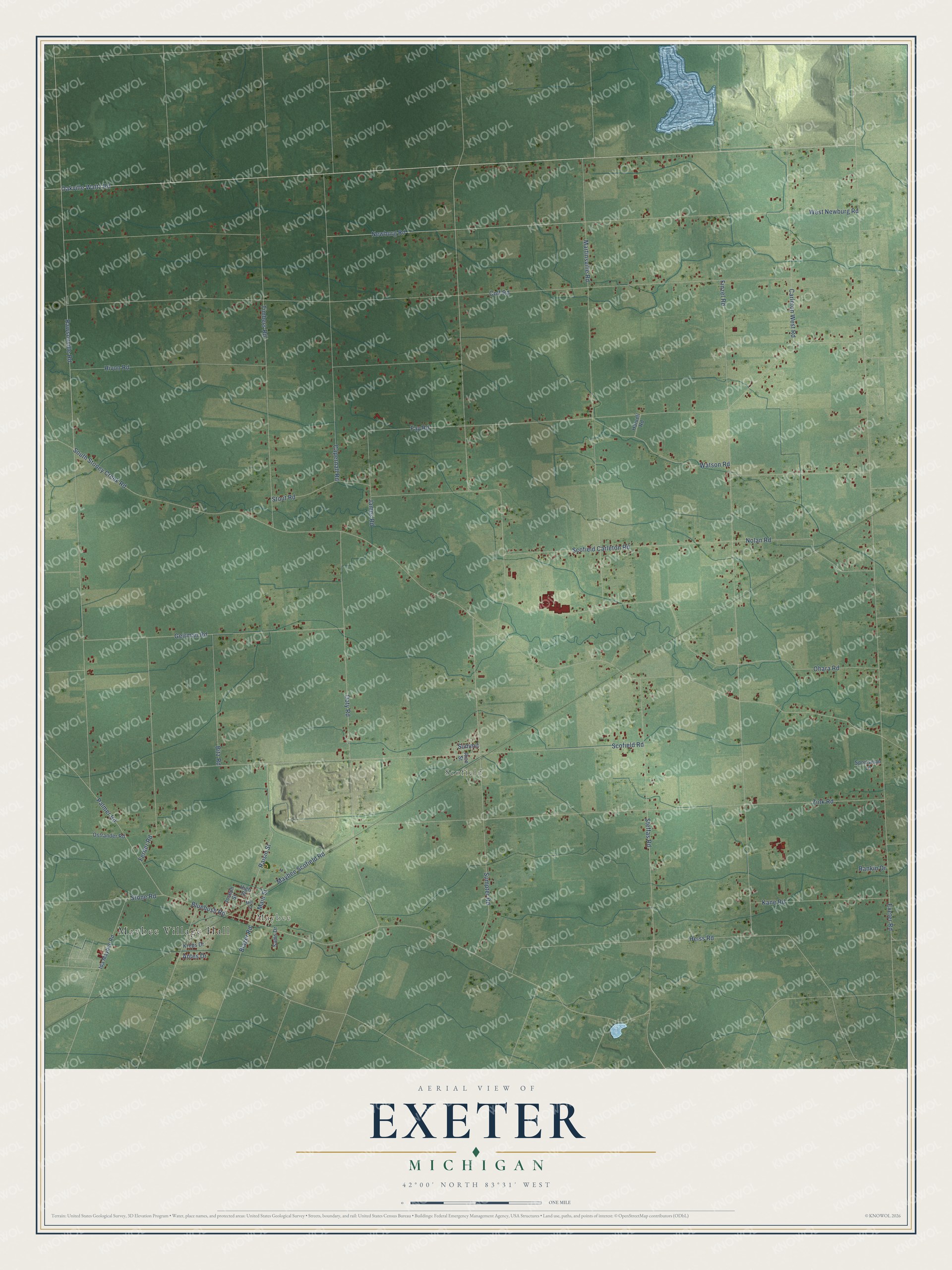 Full map of Exeter, Michigan, with red buildings, printed street names and the land around them