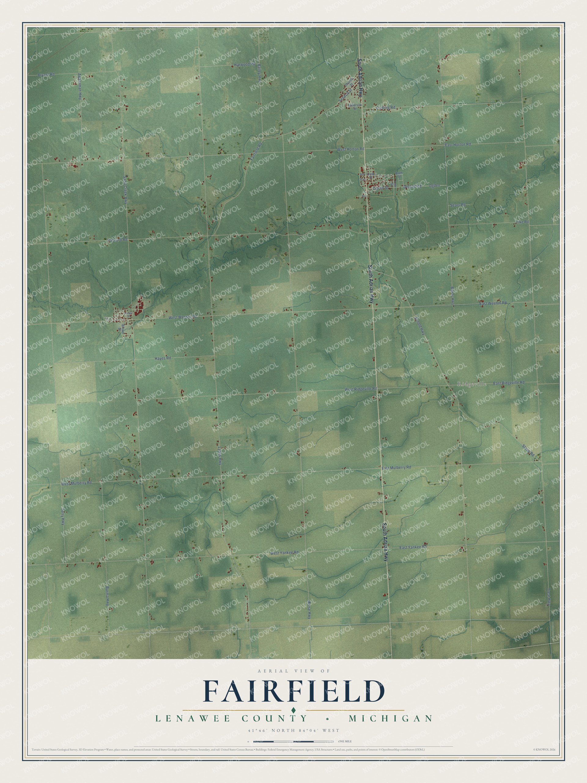 Full map of Fairfield, Michigan, with red buildings, printed street names and the land around them