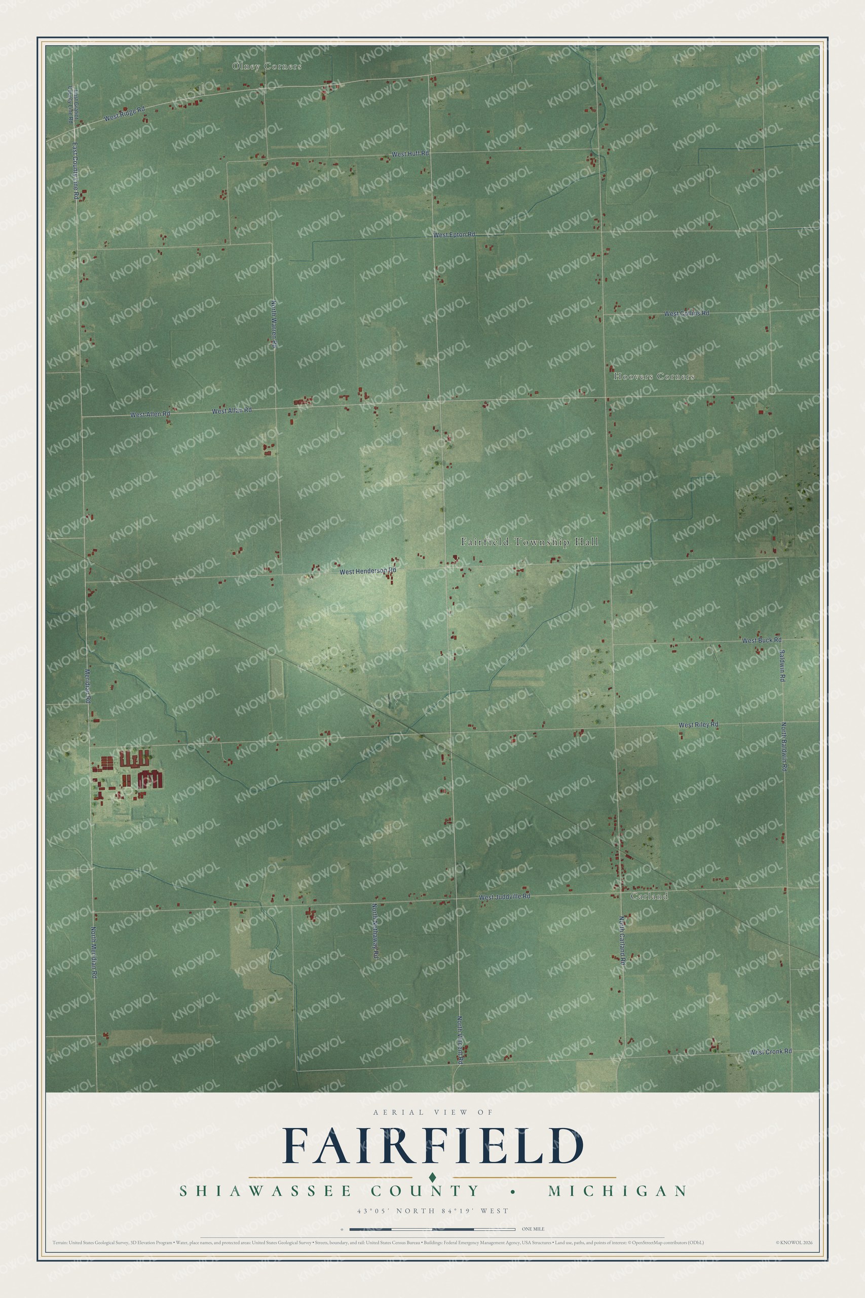 Full map of Fairfield, Michigan, with red buildings, printed street names and the land around them