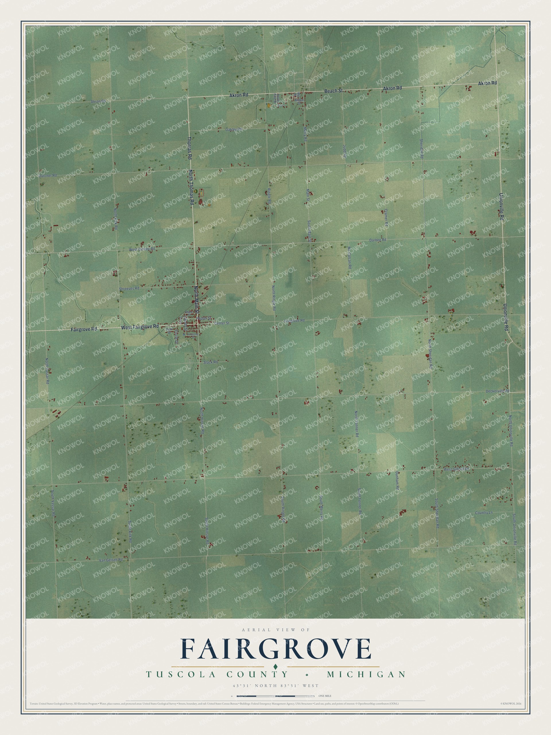 Full map of Fairgrove, Michigan, with red buildings, printed street names and the land around them