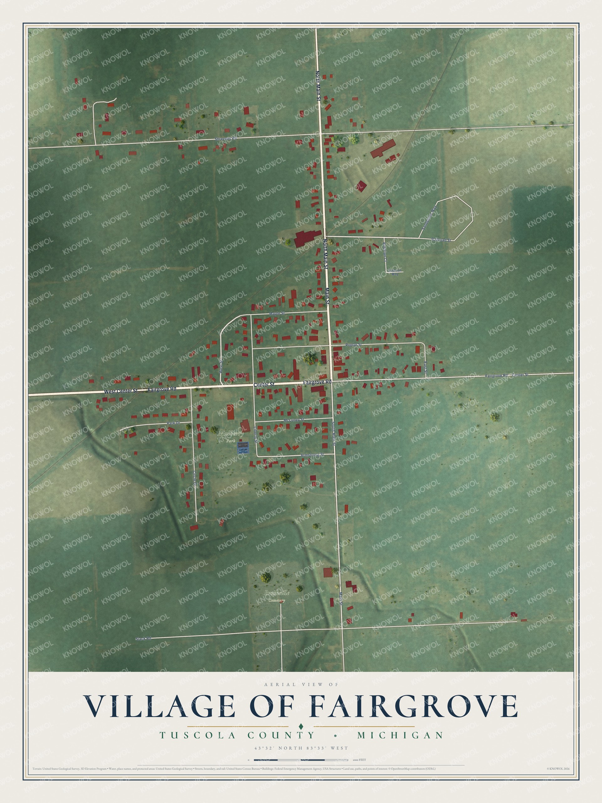 Full map of Fairgrove, Michigan, with red buildings, printed street names and the land around them