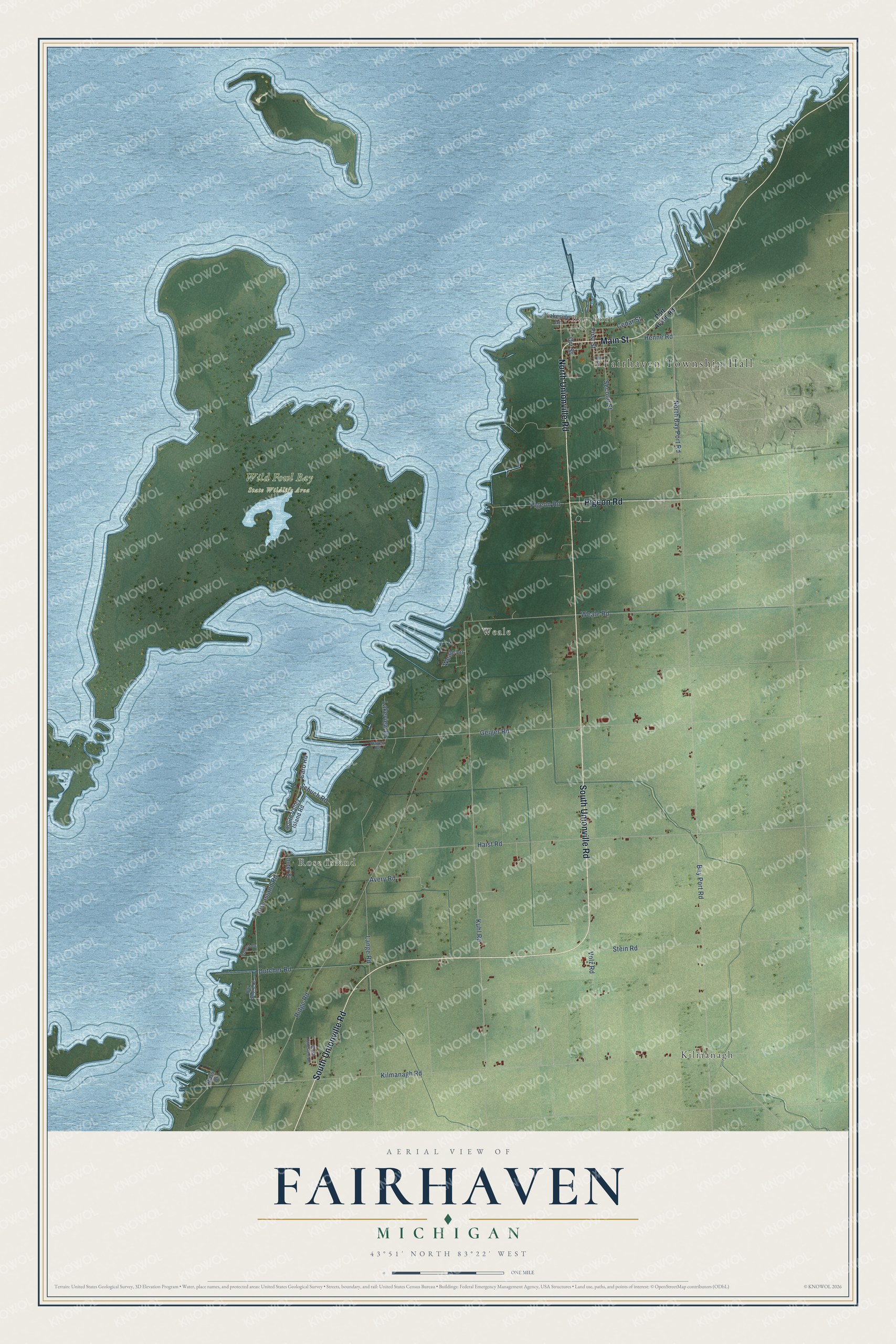Full map of Fairhaven, Michigan, with red buildings, printed street names and the land around them