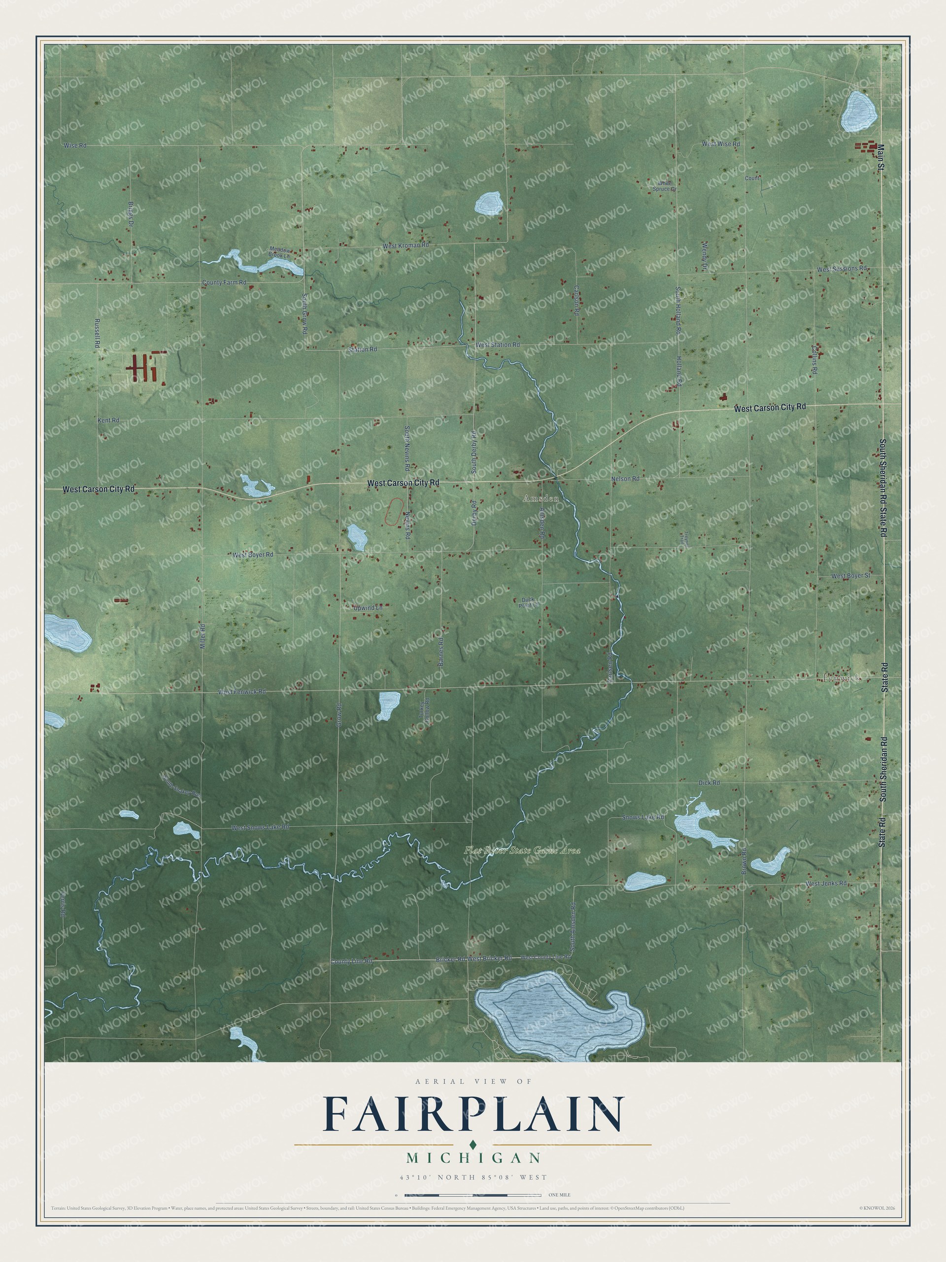 Full map of Fairplain, Michigan, with red buildings, printed street names and the land around them