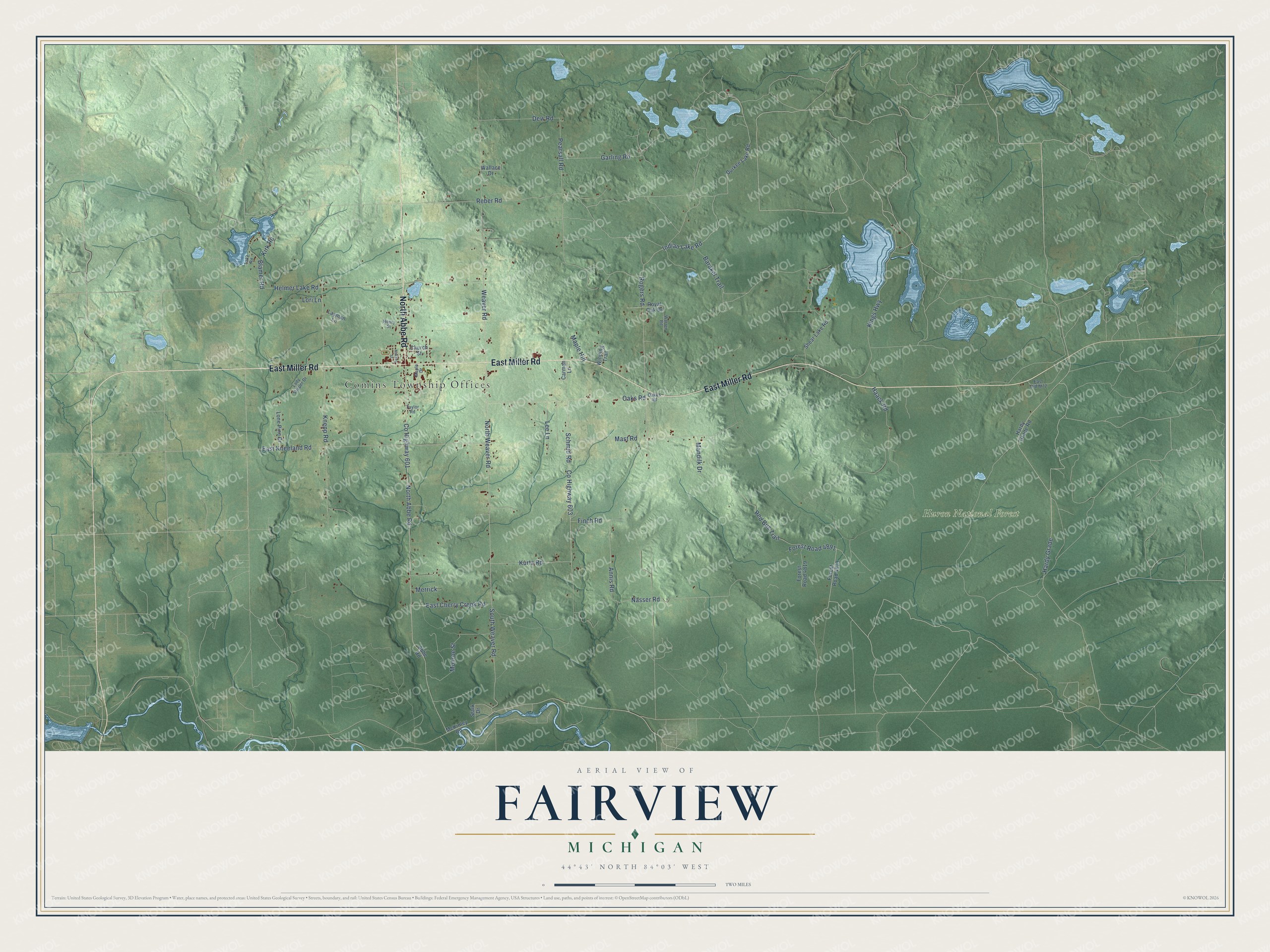 Full map of Fairview, Michigan, with red buildings, printed street names and the land around them