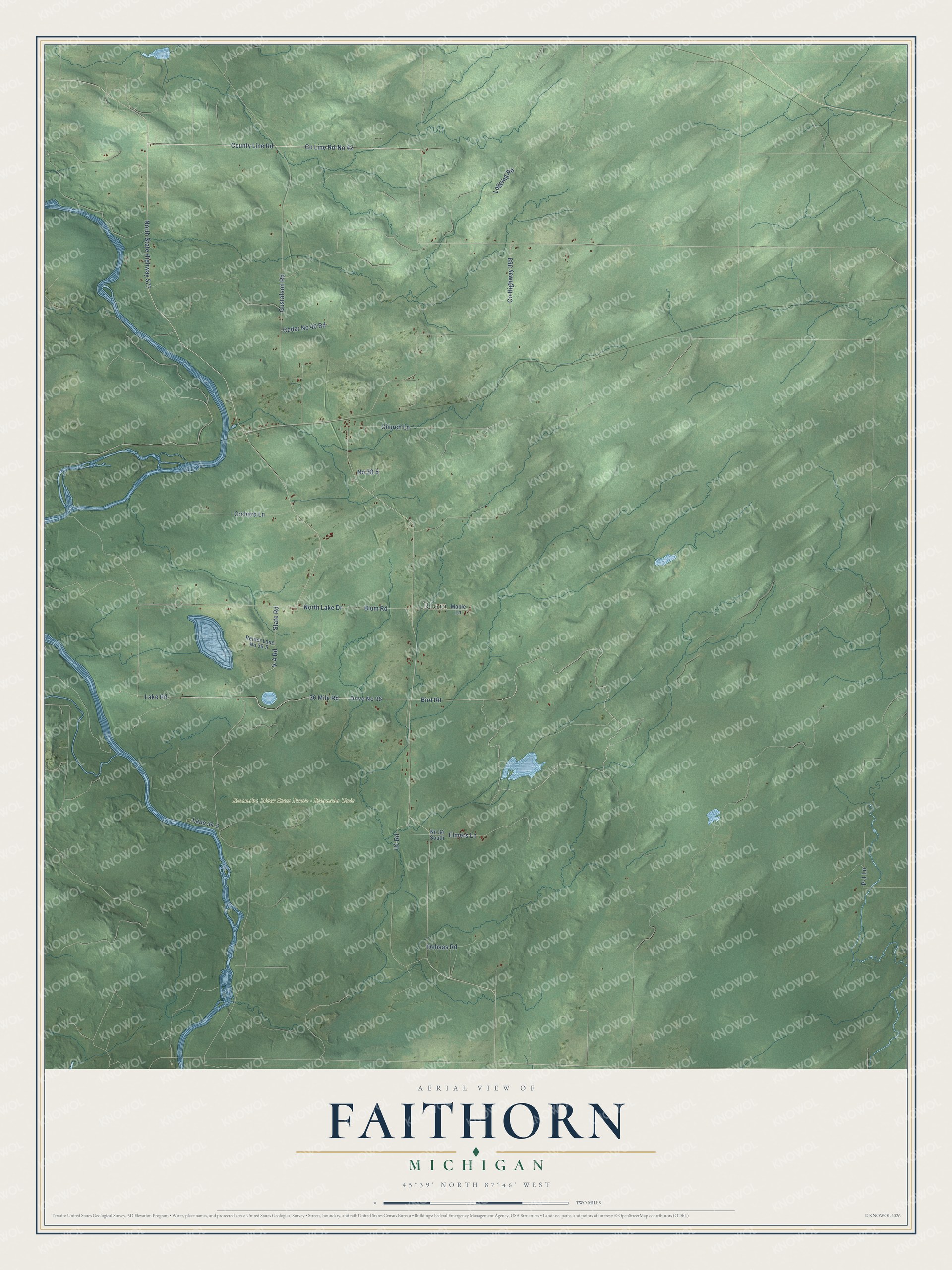 Full map of Faithorn, Michigan, with red buildings, printed street names and the land around them