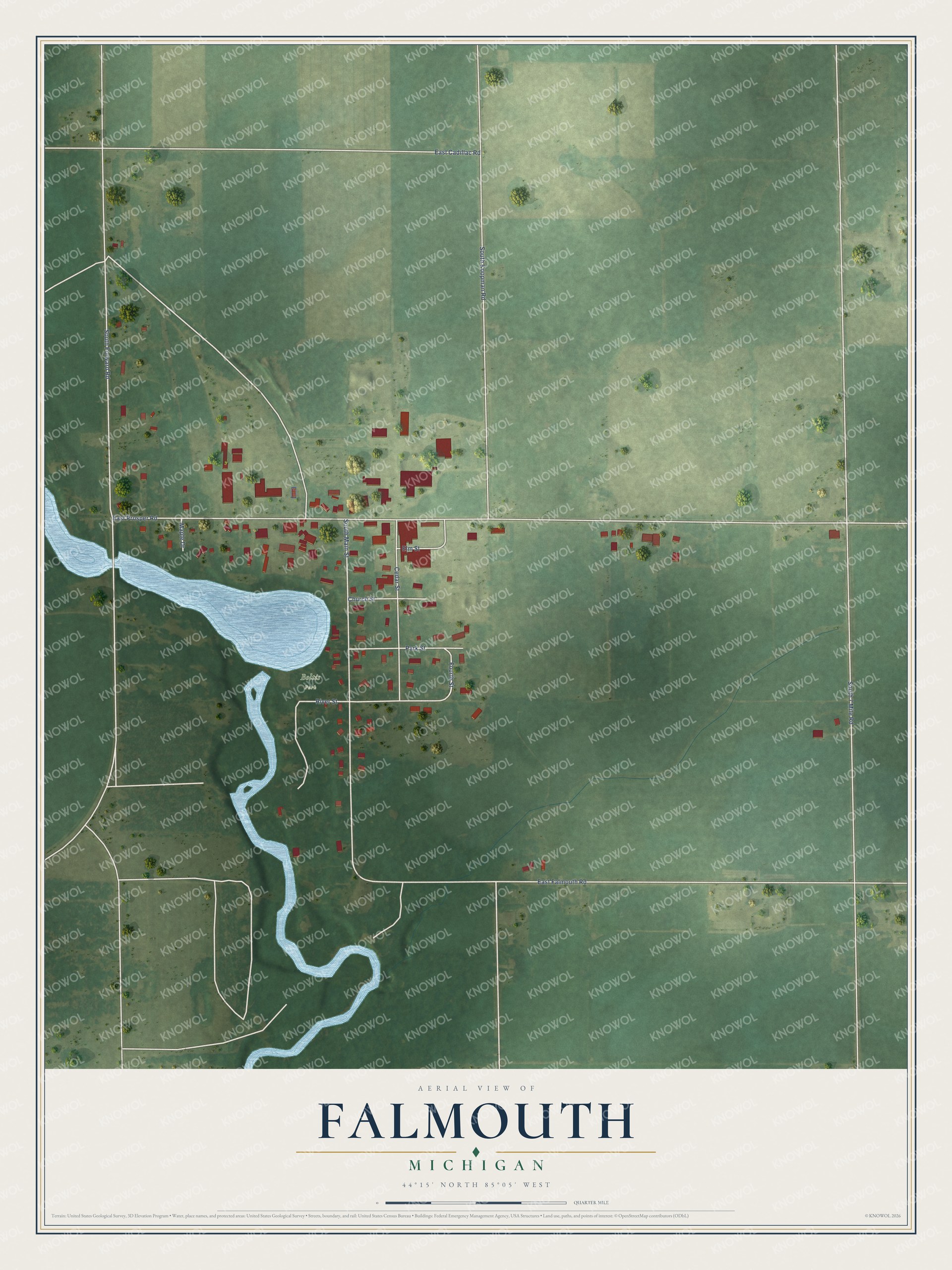 Full map of Falmouth, Michigan, with red buildings, printed street names and the land around them