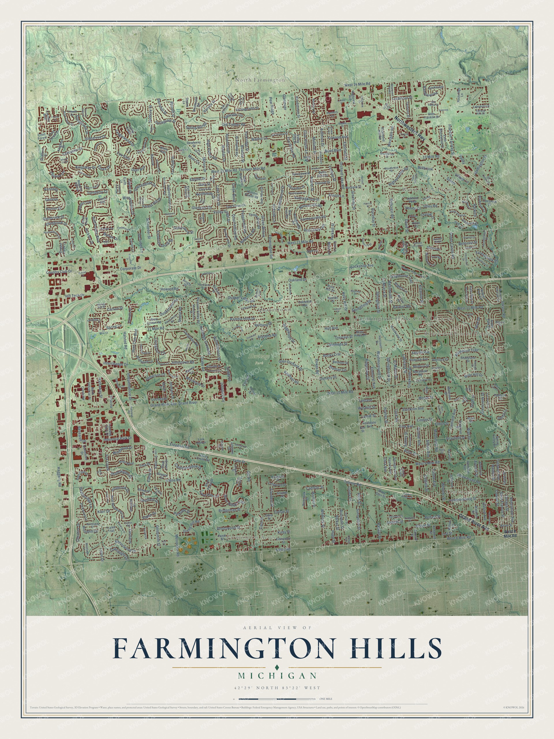 Full map of Farmington Hills, Michigan, with red buildings, printed street names and the land around them