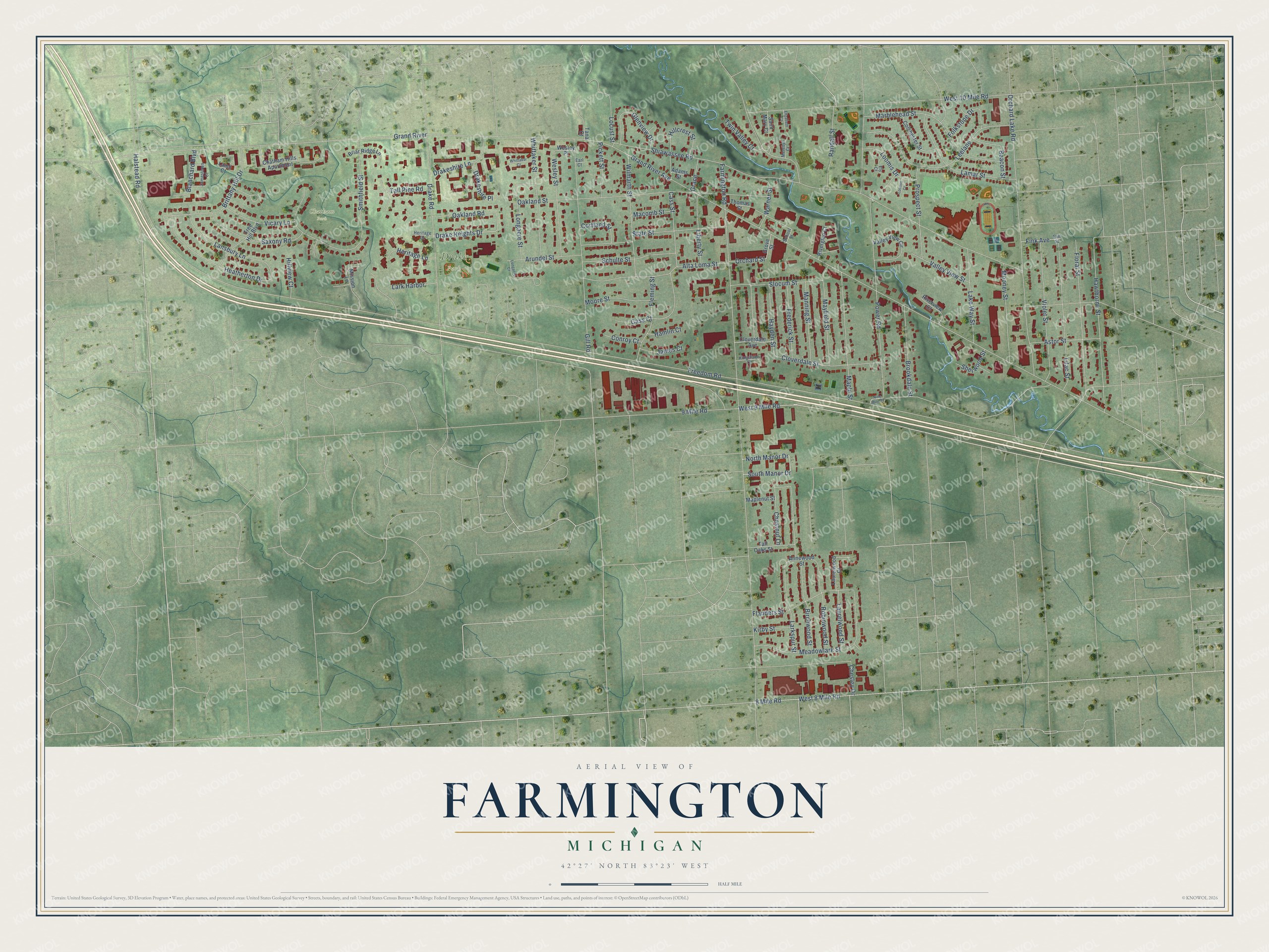Full map of Farmington, Michigan, with red buildings, printed street names and the land around them
