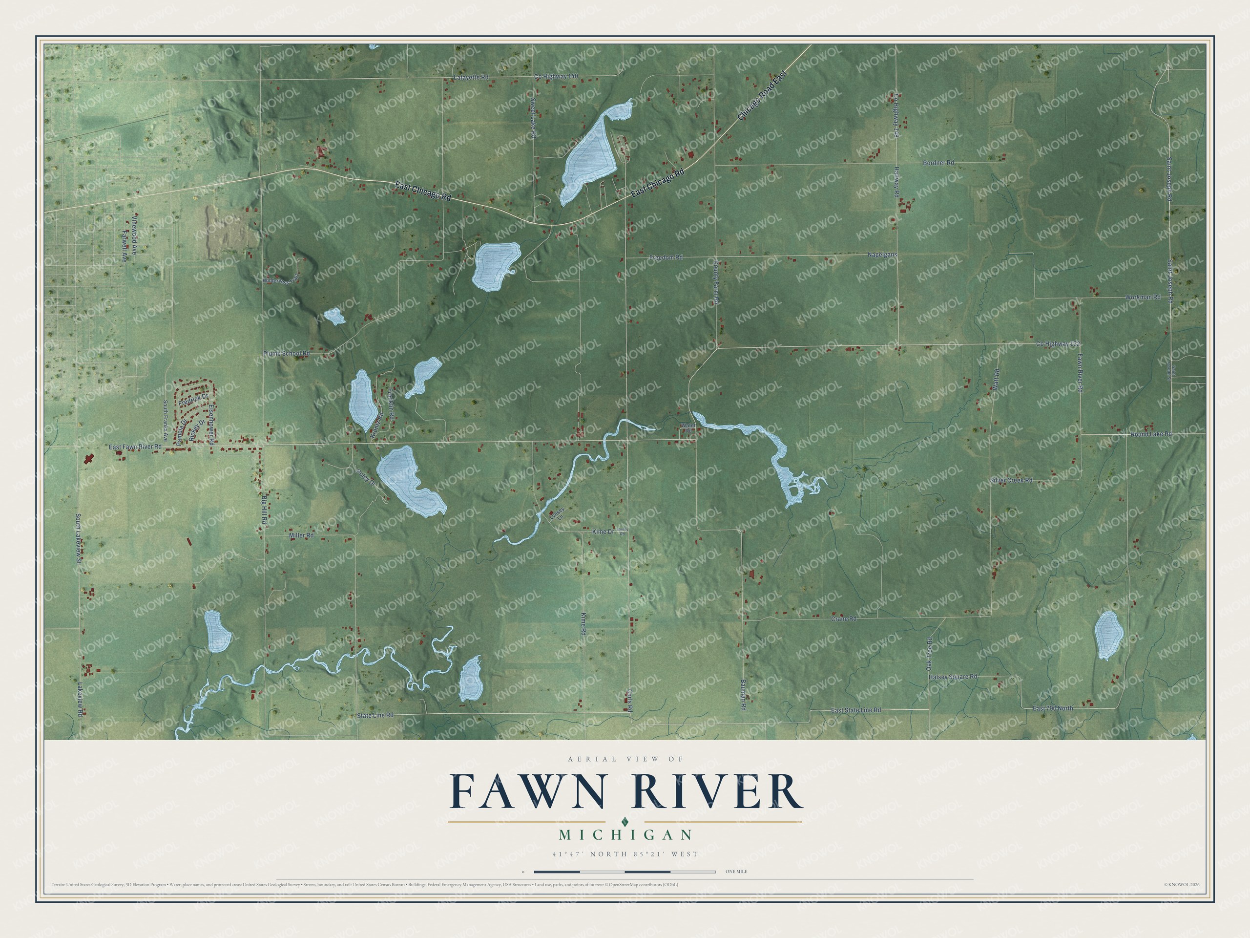Full map of Fawn River, Michigan, with red buildings, printed street names and the land around them