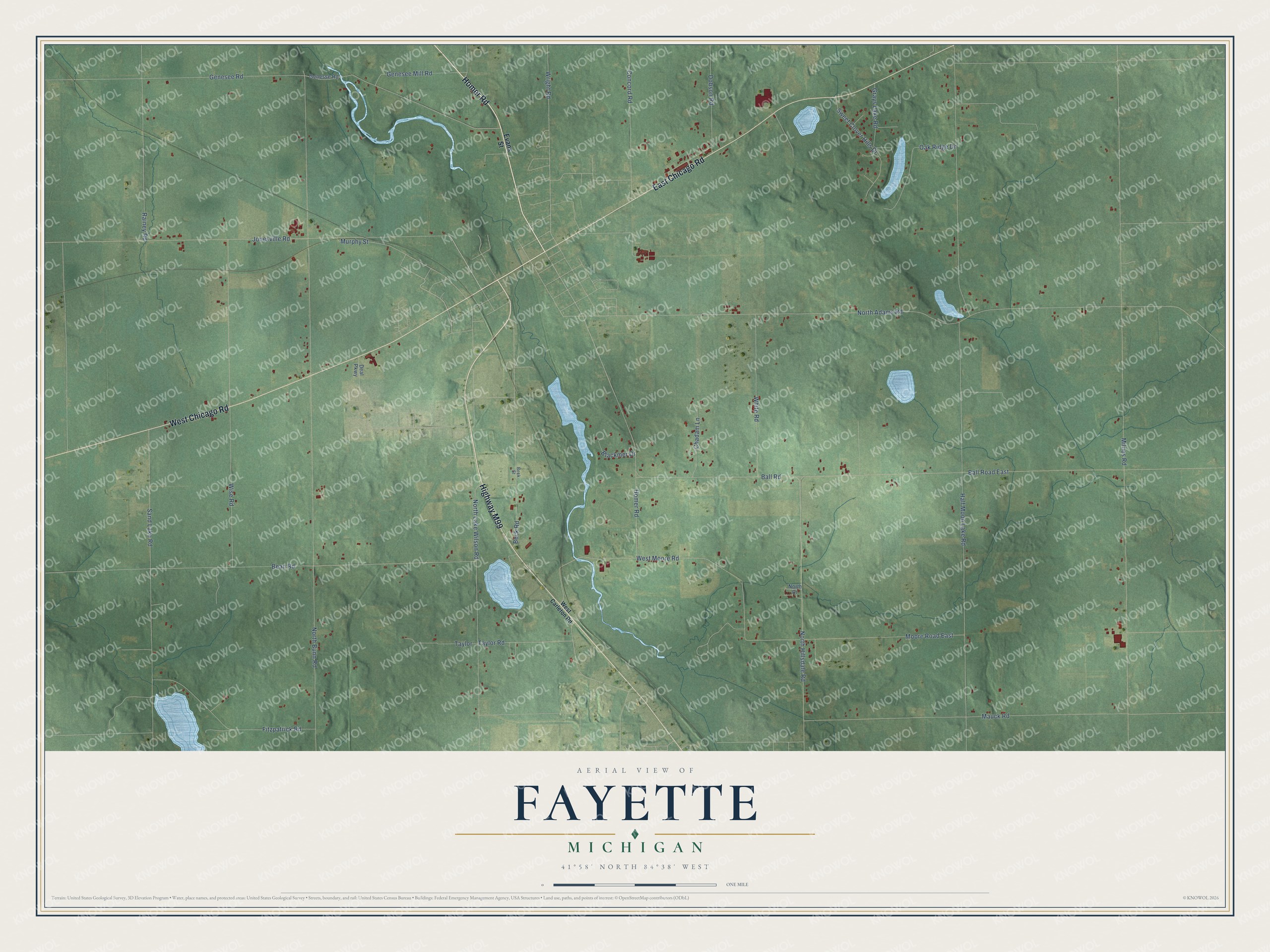 Full map of Fayette, Michigan, with red buildings, printed street names and the land around them