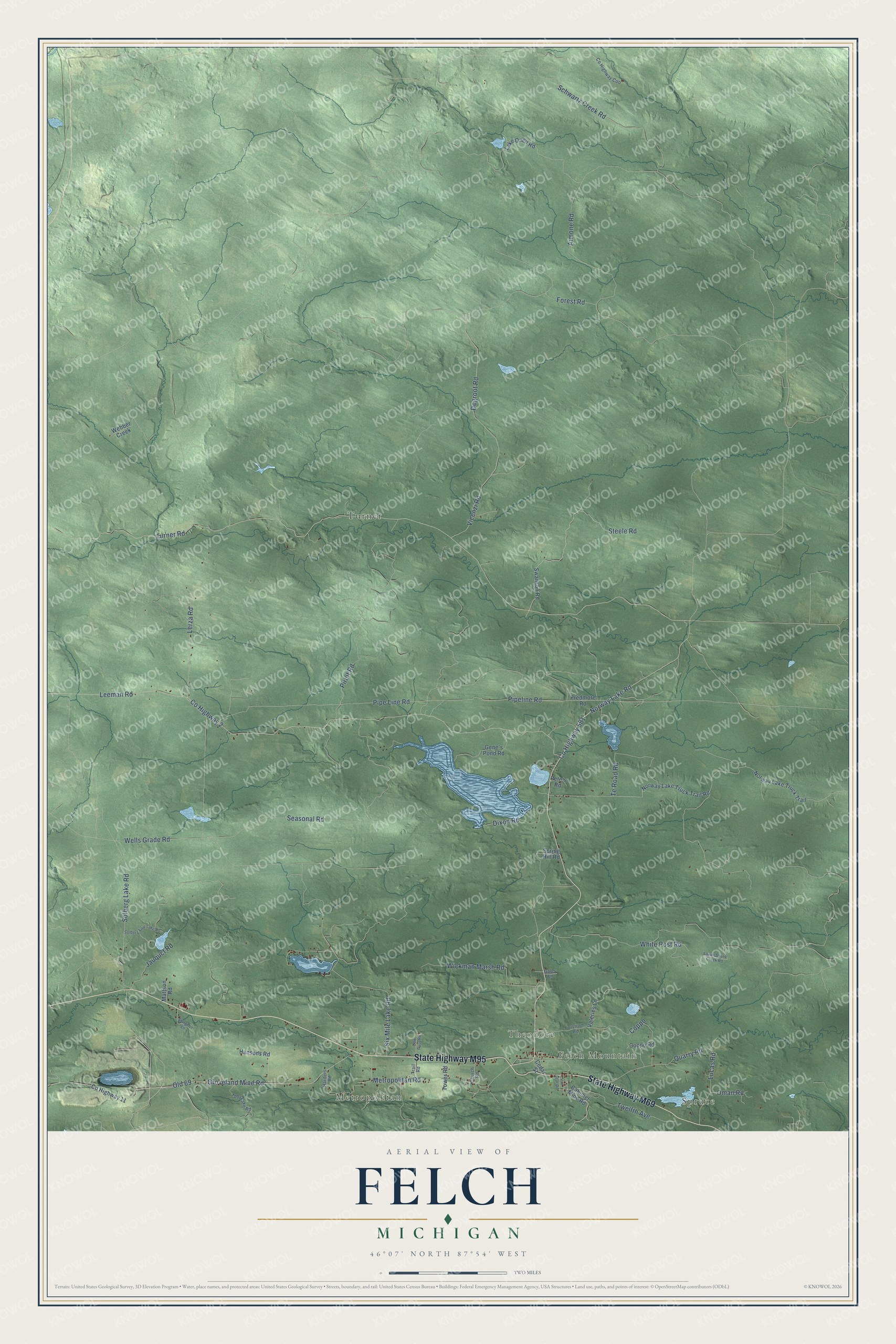 Full map of Felch, Michigan, with red buildings, printed street names and the land around them