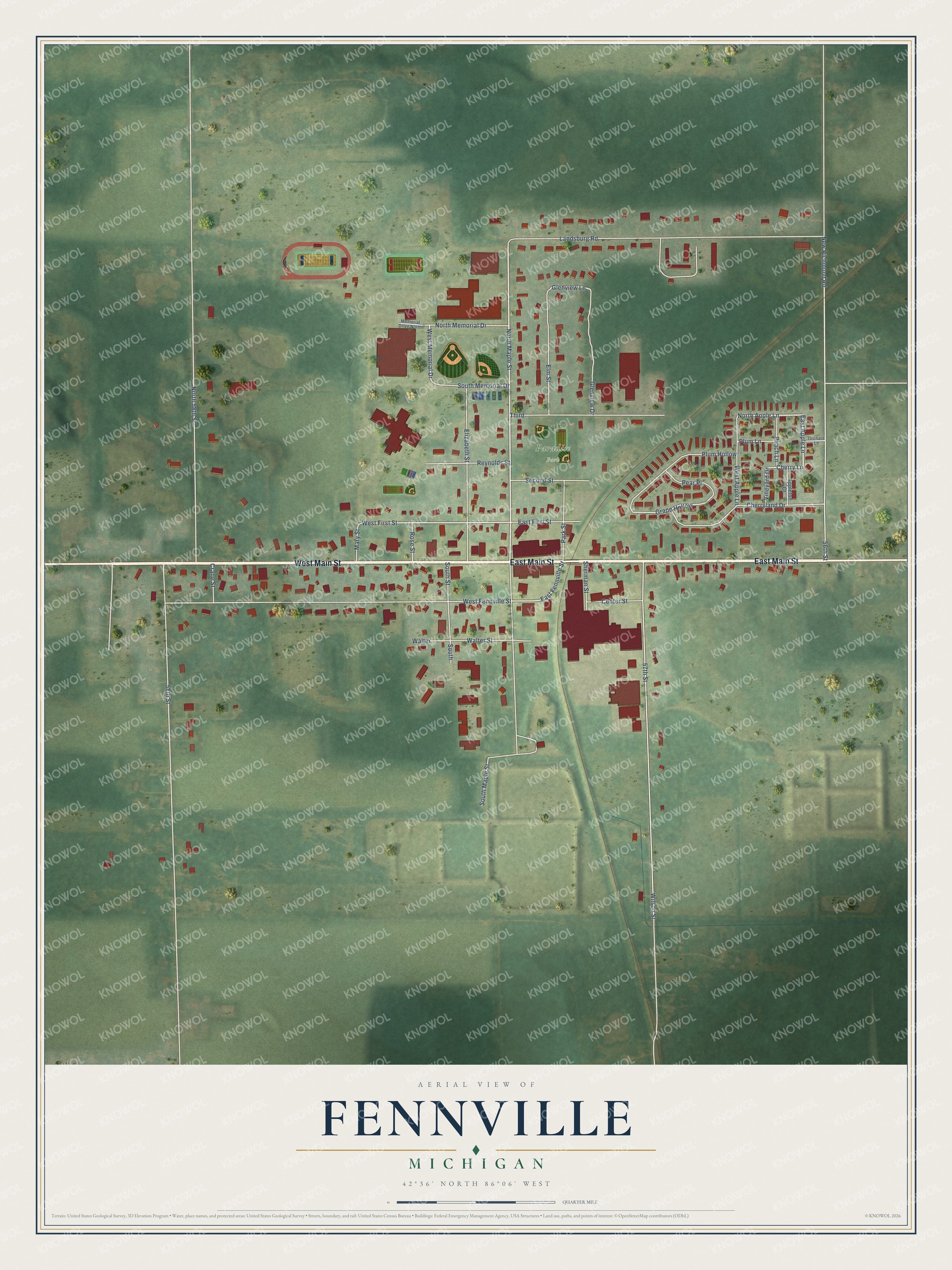 Full map of Fennville, Michigan, with red buildings, printed street names and the land around them