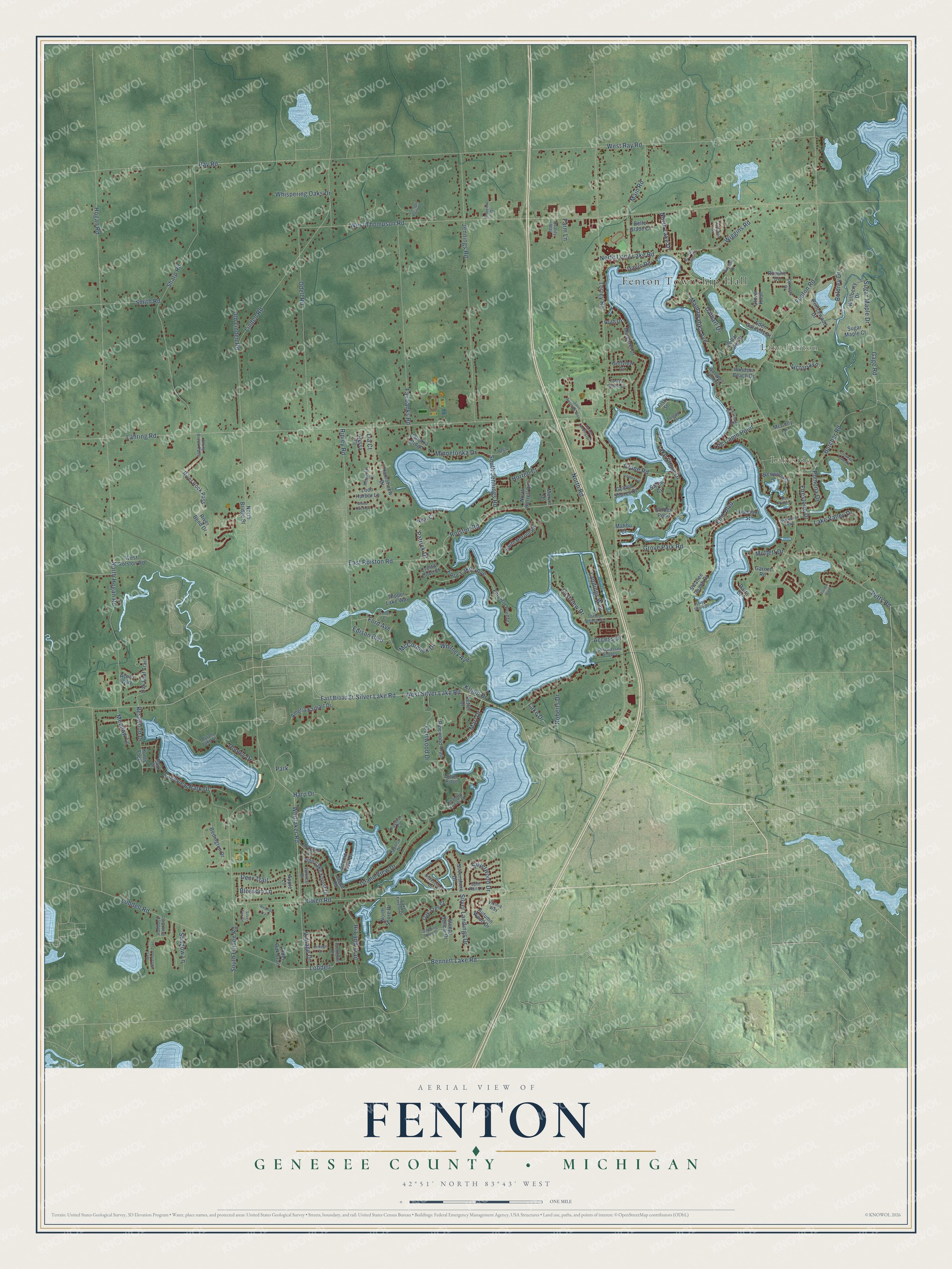 Full map of Fenton, Michigan, with red buildings, printed street names and the land around them
