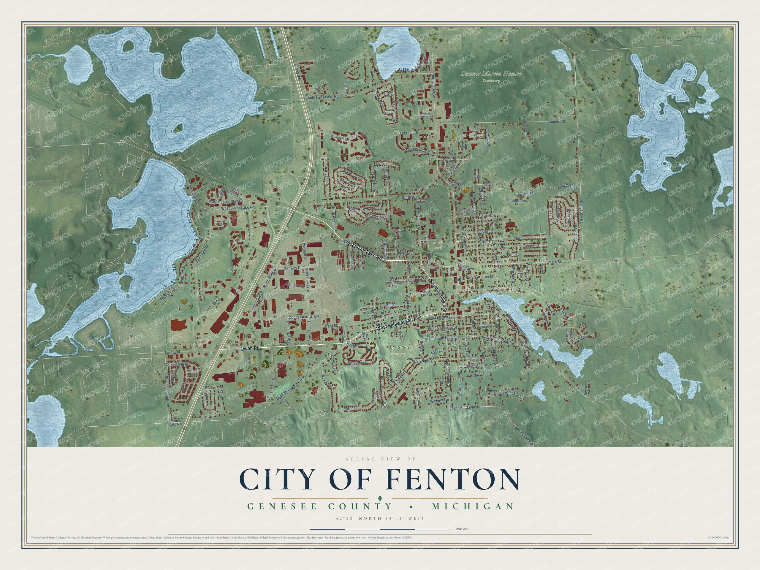 Full map of Fenton, Michigan, with red buildings, printed street names and the land around them