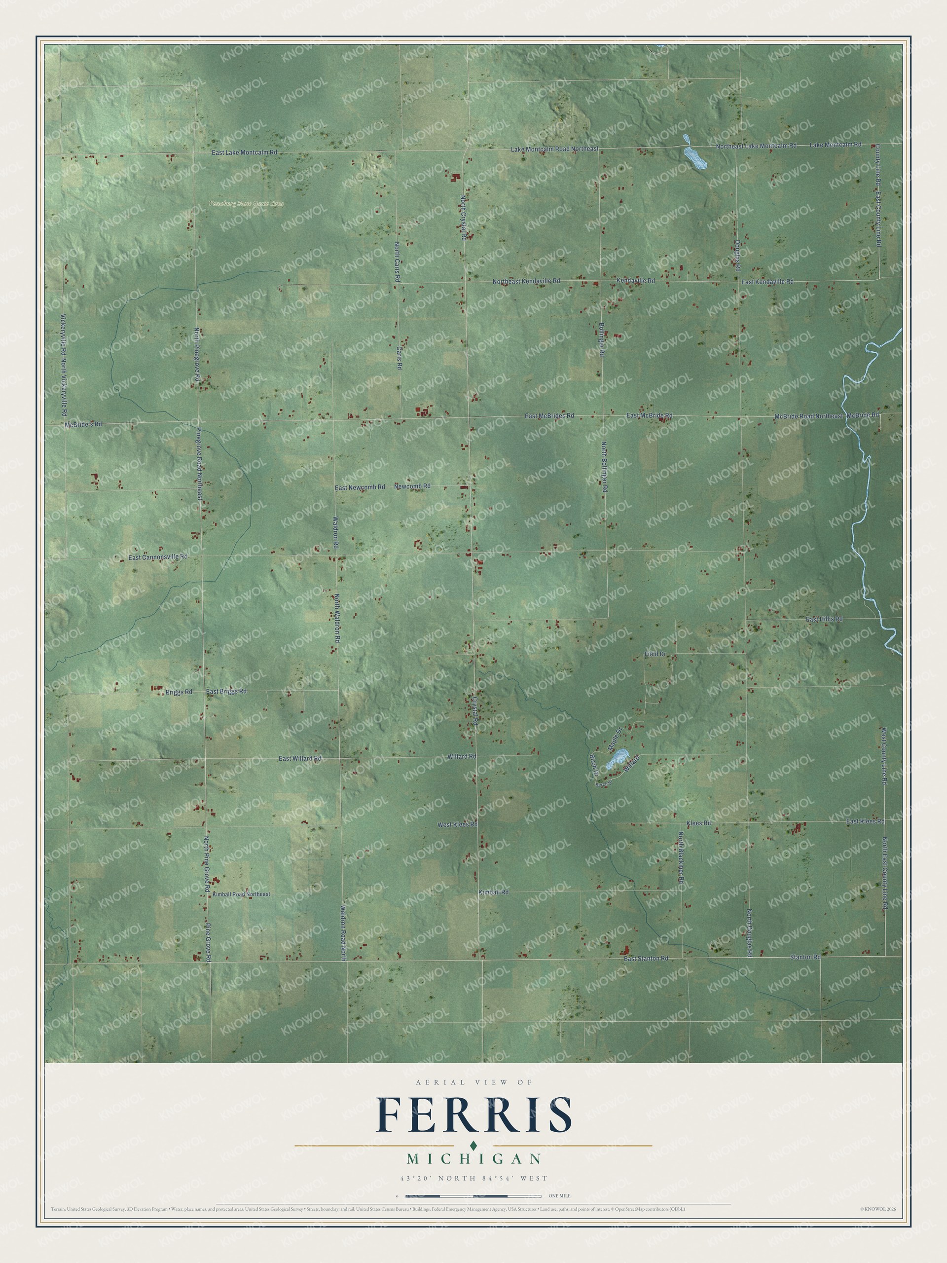 Full map of Ferris, Michigan, with red buildings, printed street names and the land around them