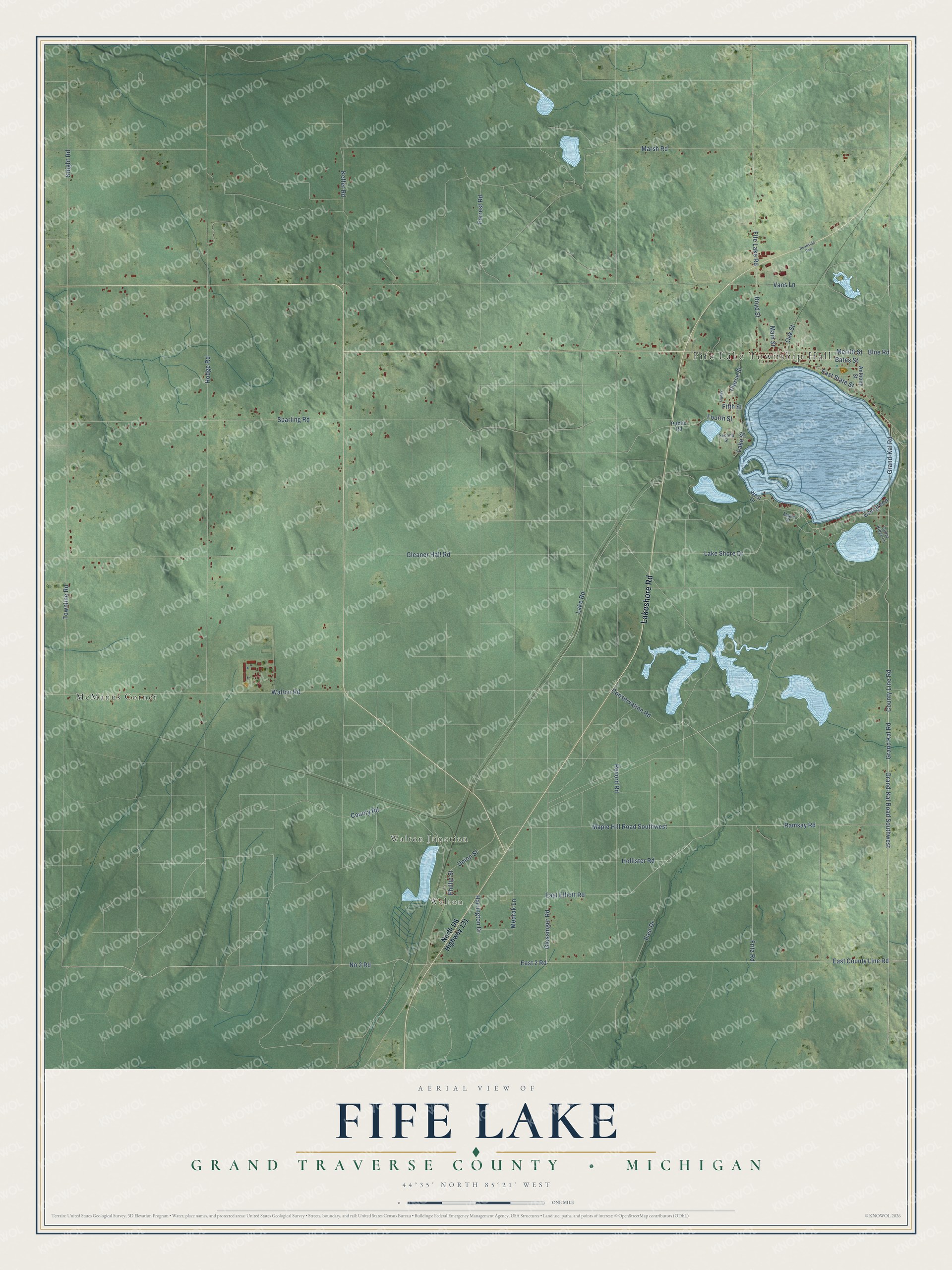 Full map of Fife Lake, Michigan, with red buildings, printed street names and the land around them