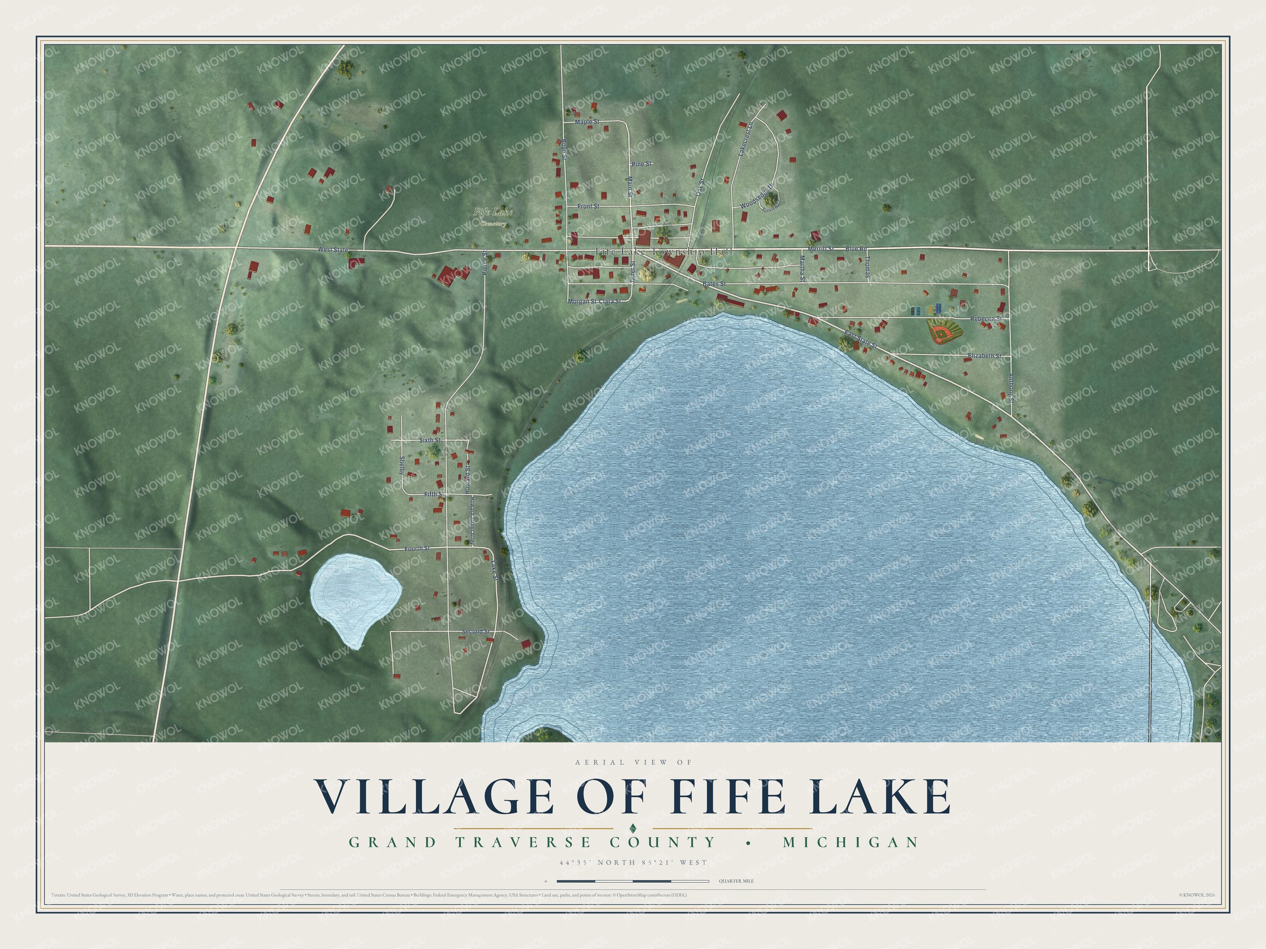 Full map of Fife Lake, Michigan, with red buildings, printed street names and the land around them
