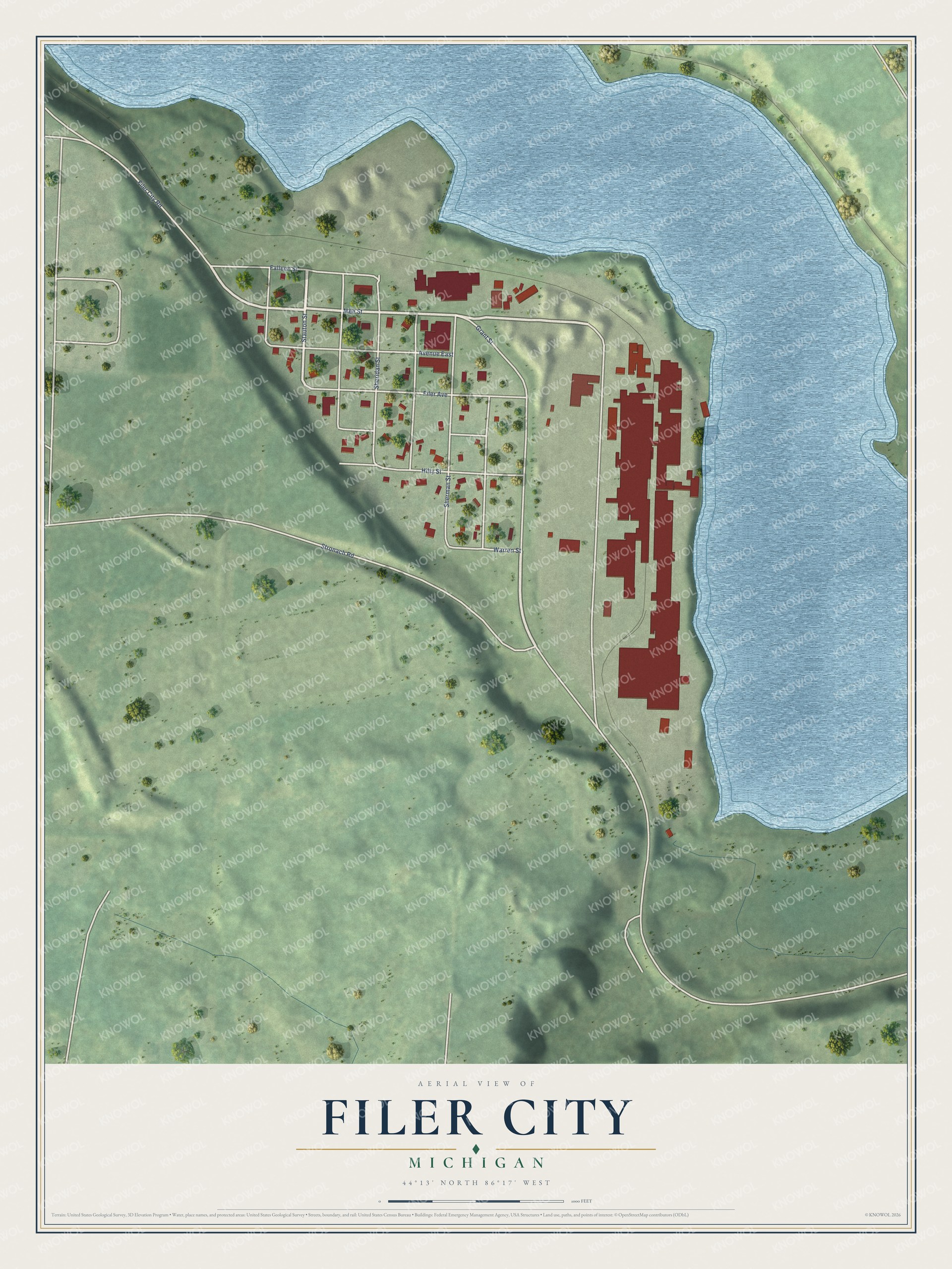 Full map of Filer City, Michigan, with red buildings, printed street names and the land around them