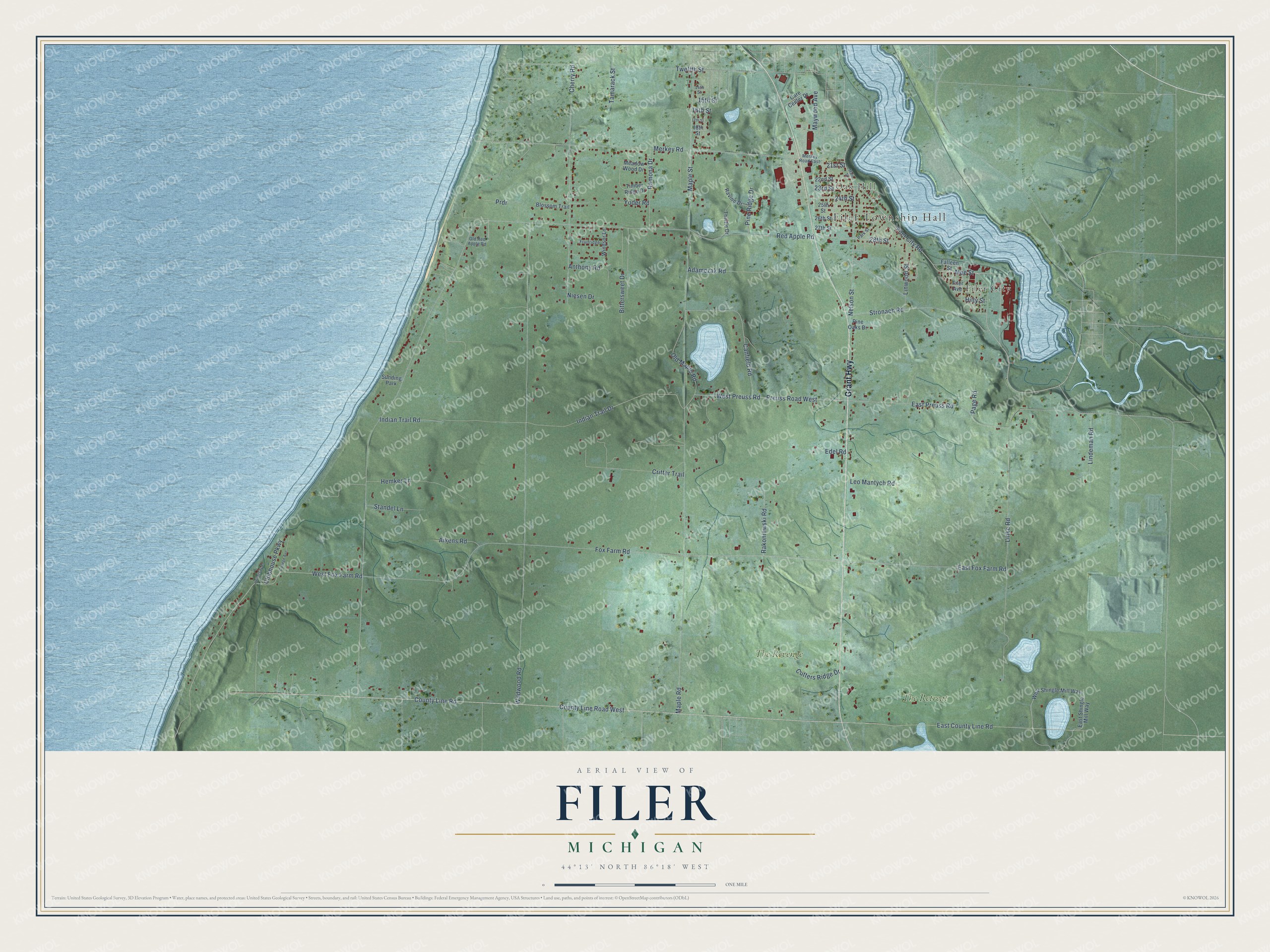 Full map of Filer, Michigan, with red buildings, printed street names and the land around them