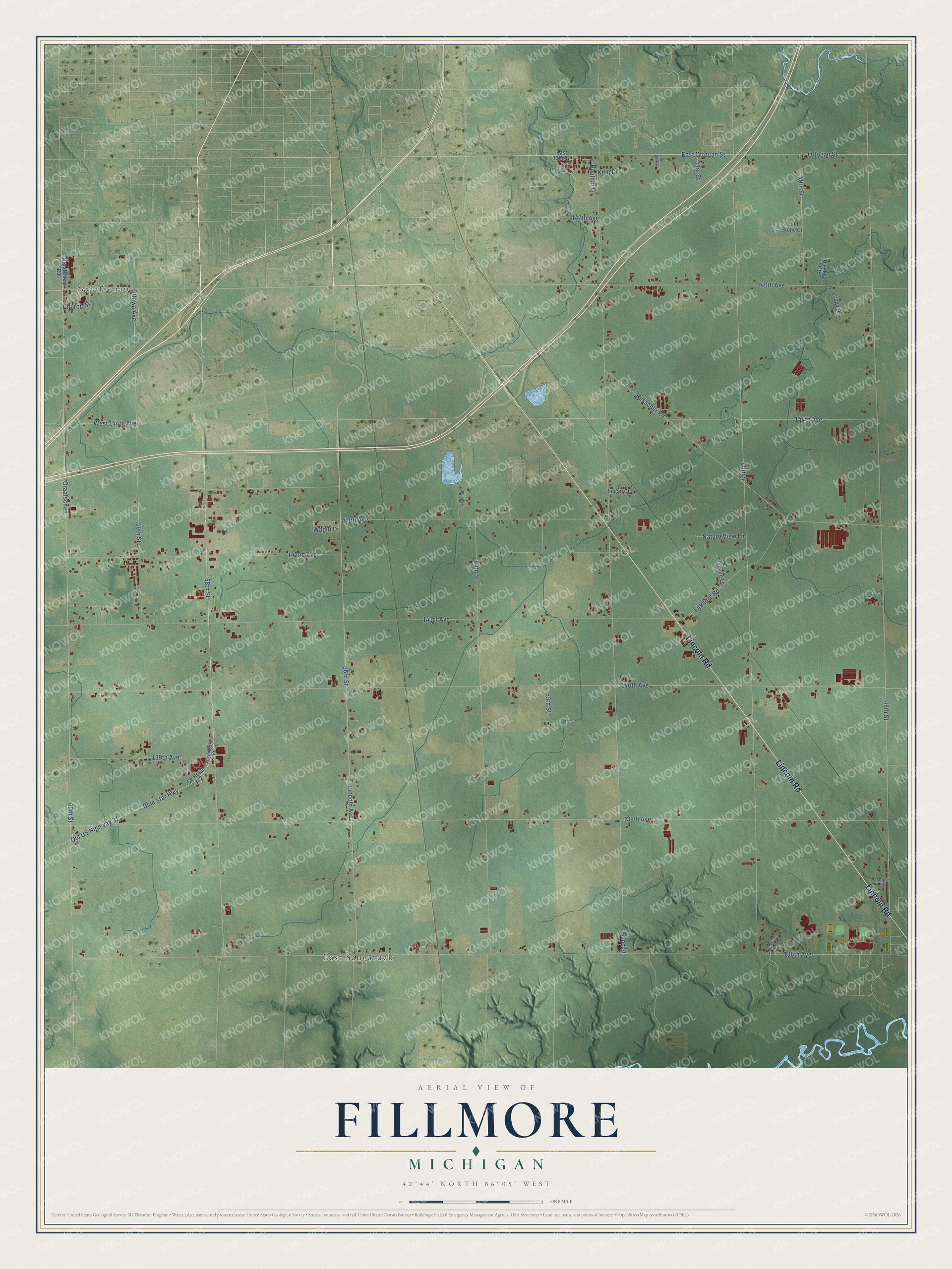 Full map of Fillmore, Michigan, with red buildings, printed street names and the land around them