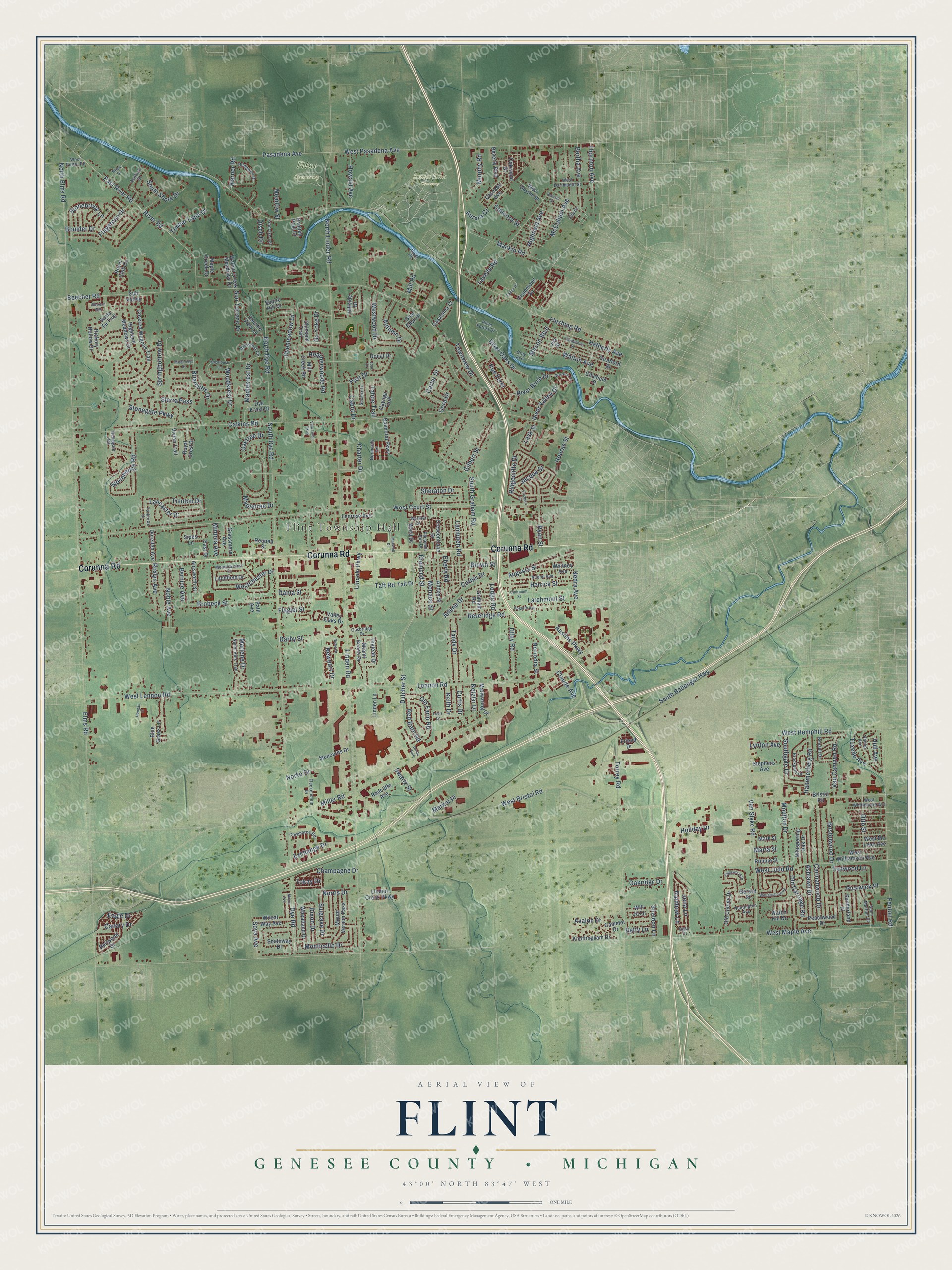 Full map of Flint, Michigan, with red buildings, printed street names and the land around them
