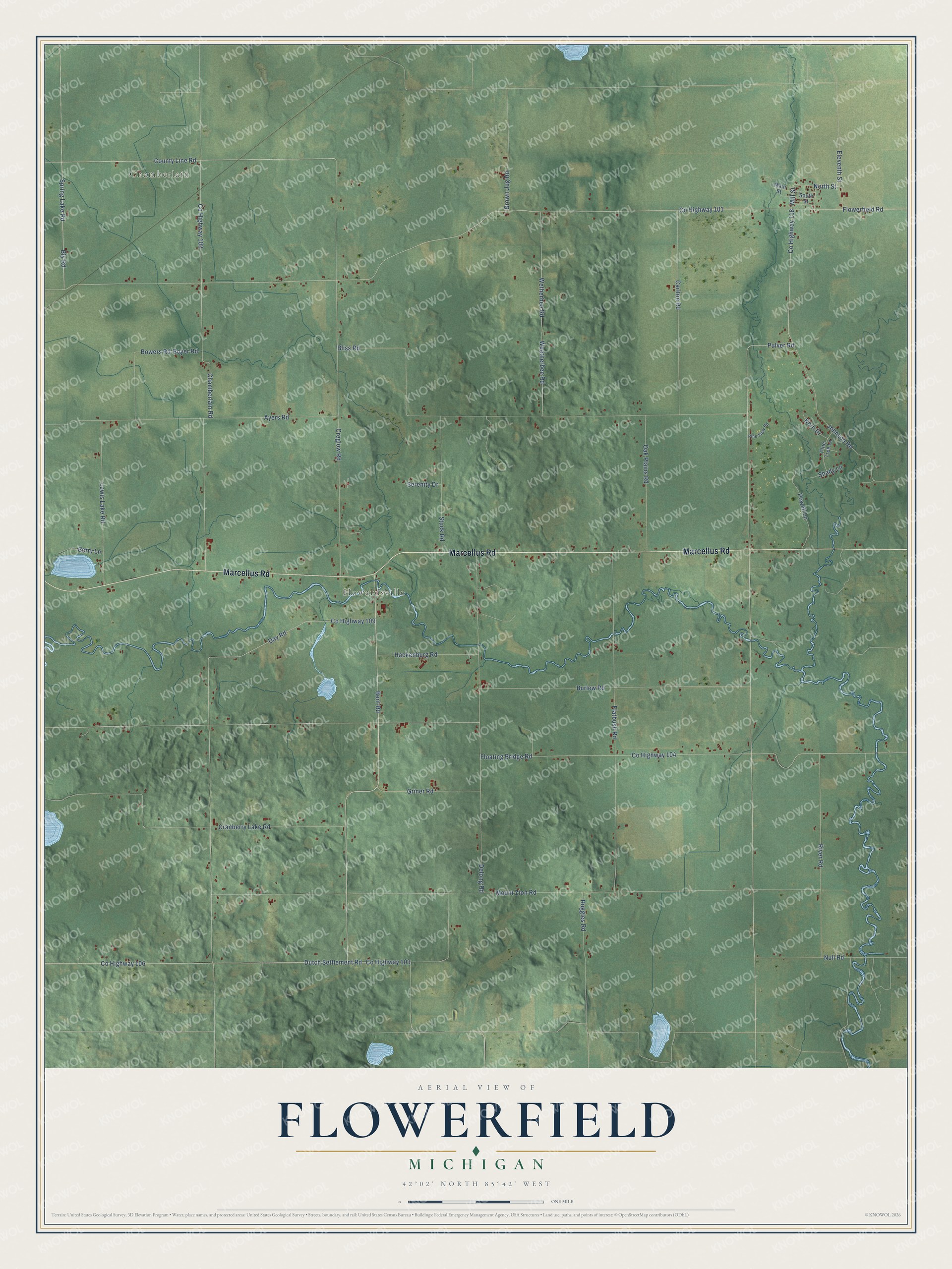 Full map of Flowerfield, Michigan, with red buildings, printed street names and the land around them