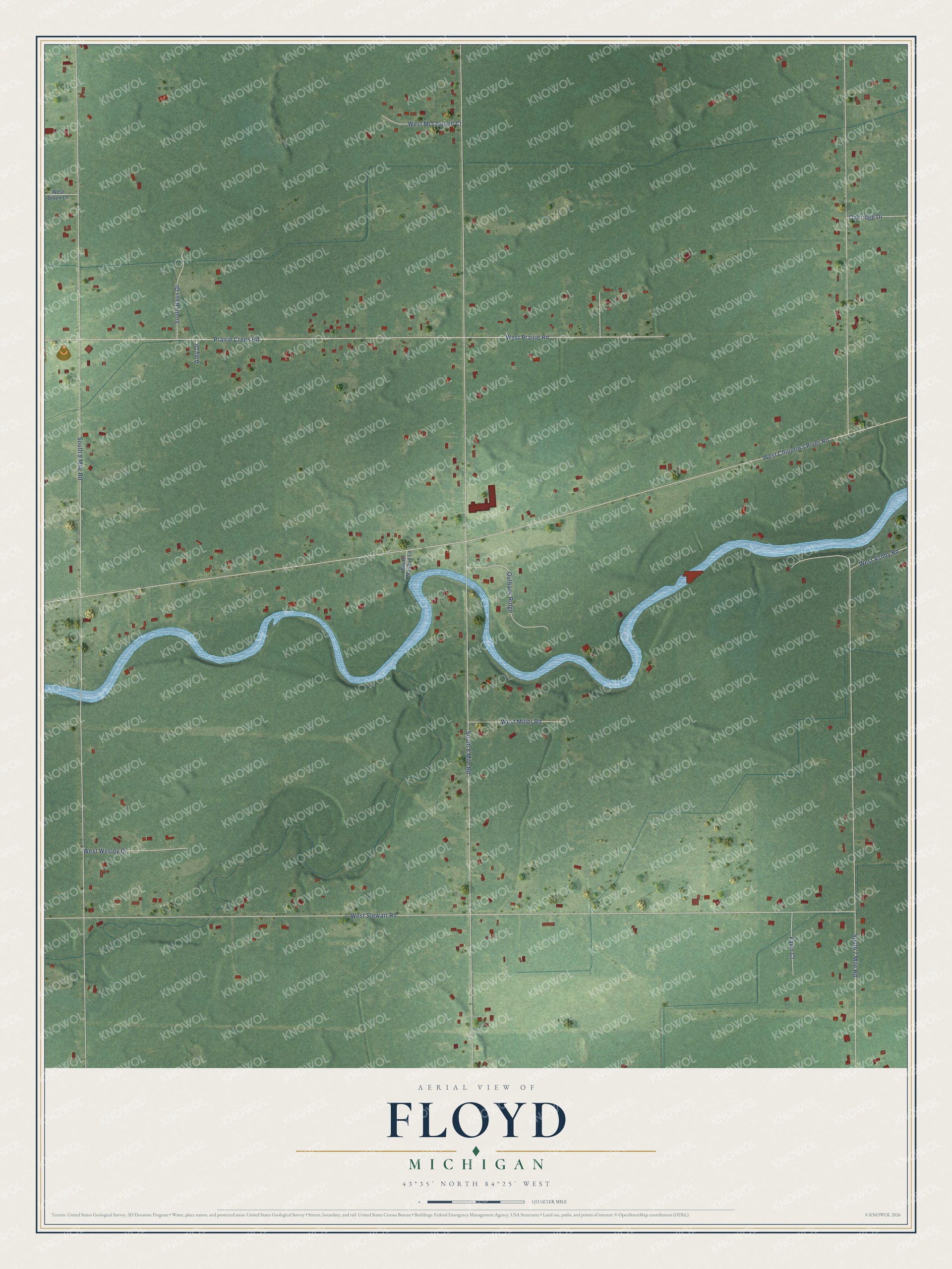Full map of Floyd, Michigan, with red buildings, printed street names and the land around them