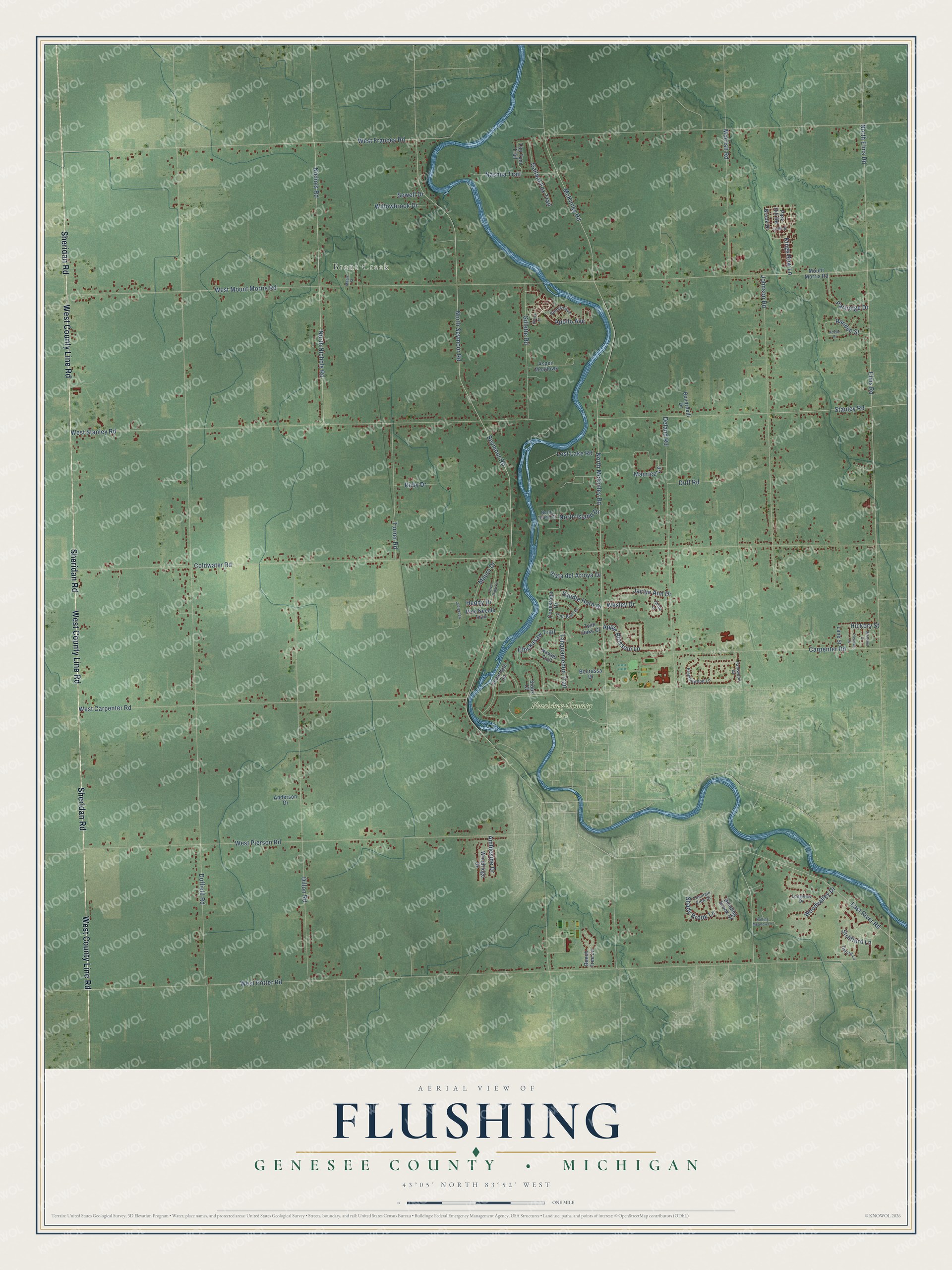 Full map of Flushing, Michigan, with red buildings, printed street names and the land around them