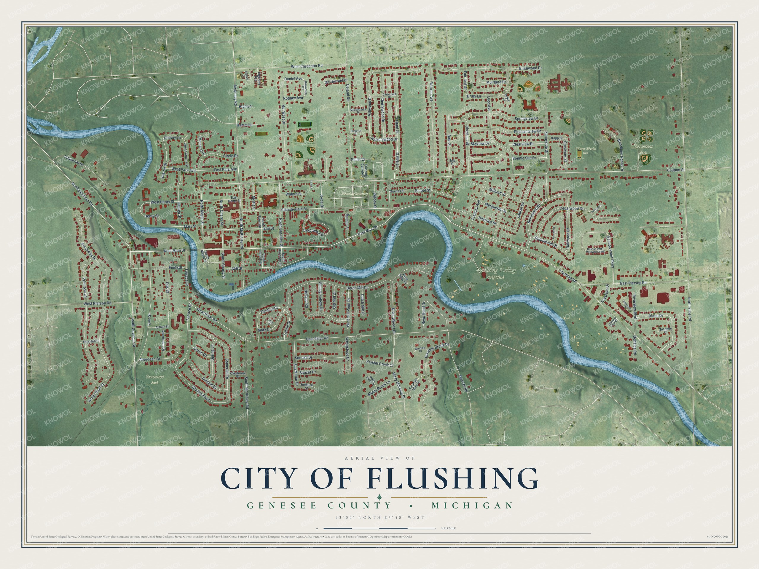Full map of Flushing, Michigan, with red buildings, printed street names and the land around them