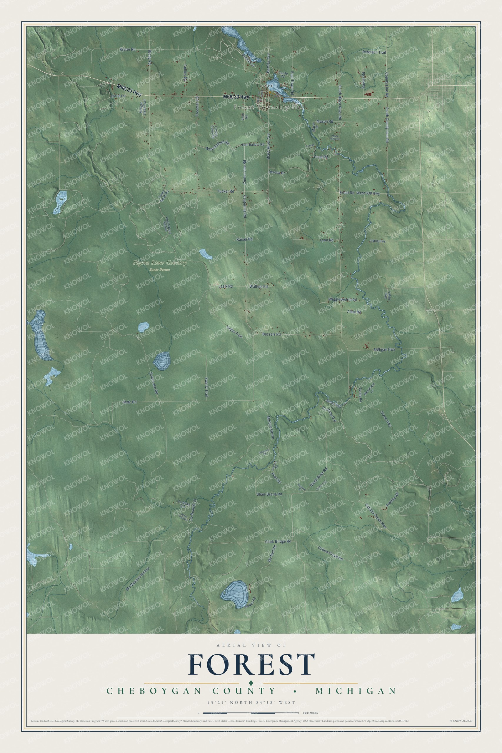 Full map of Forest, Michigan, with red buildings, printed street names and the land around them