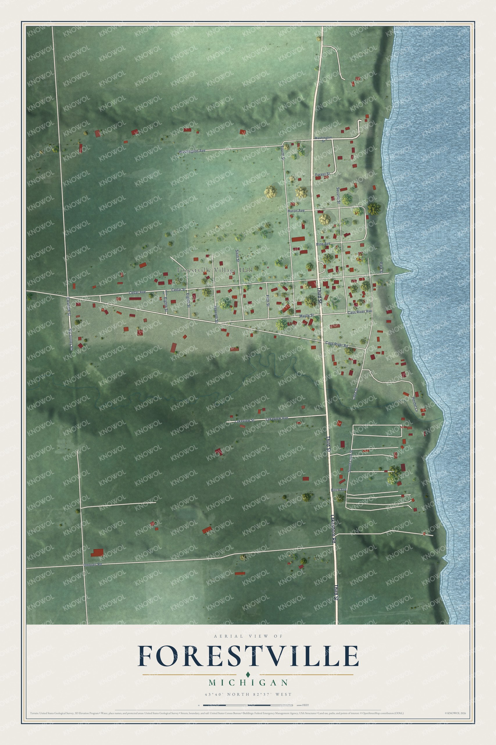 Full map of Forestville, Michigan, with red buildings, printed street names and the land around them