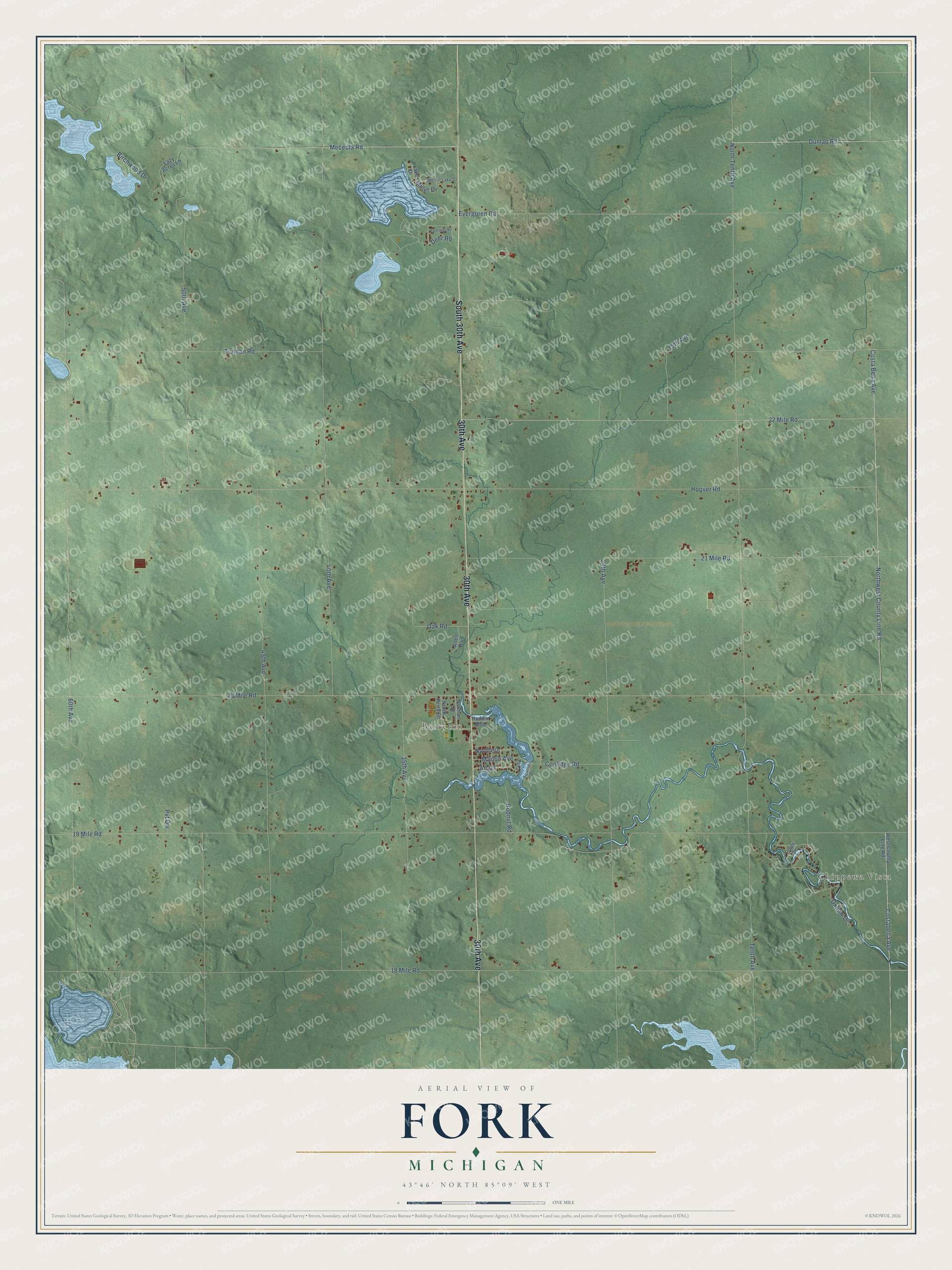 Full map of Fork, Michigan, with red buildings, printed street names and the land around them