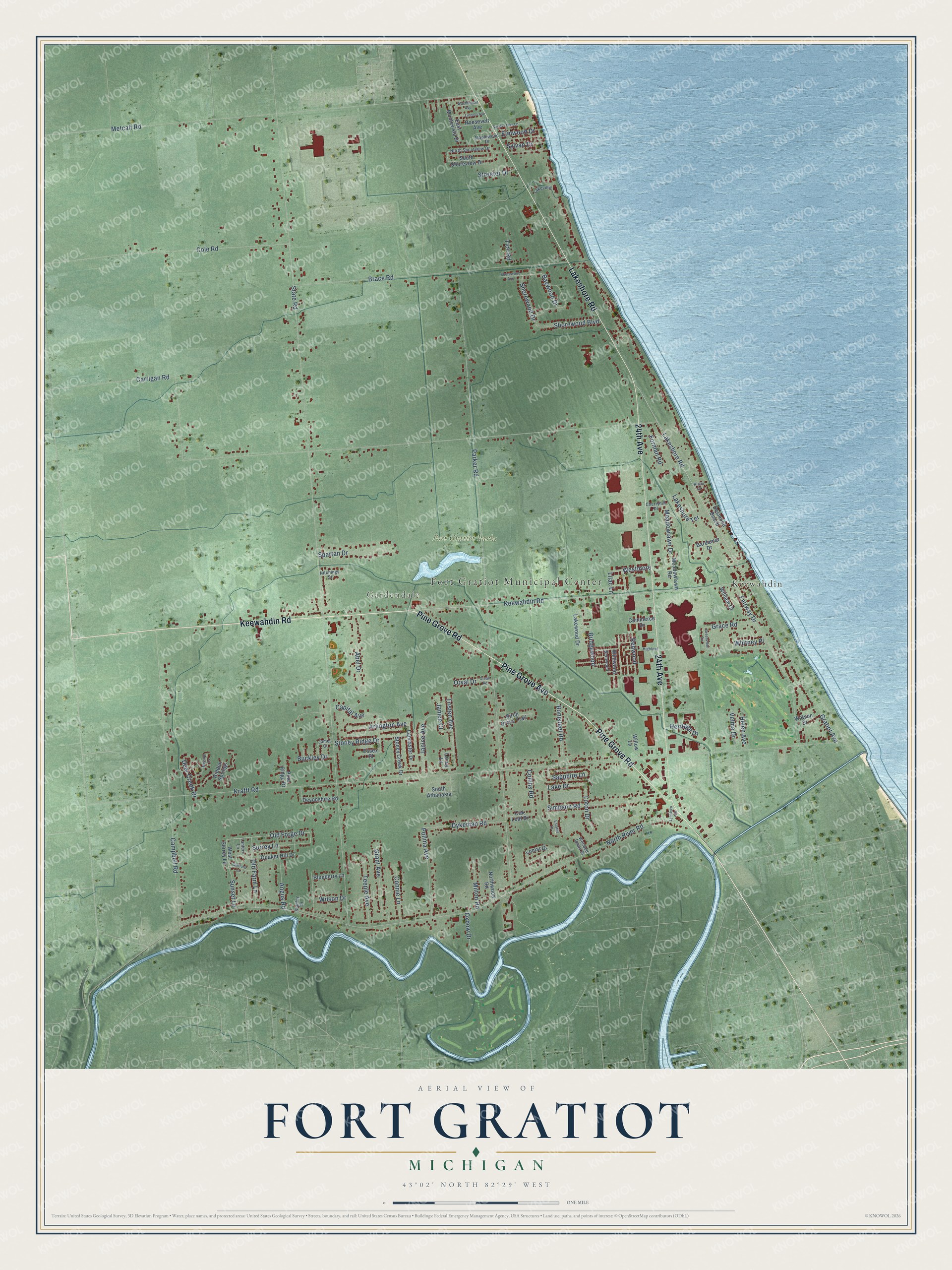 Full map of Fort Gratiot, Michigan, with red buildings, printed street names and the land around them