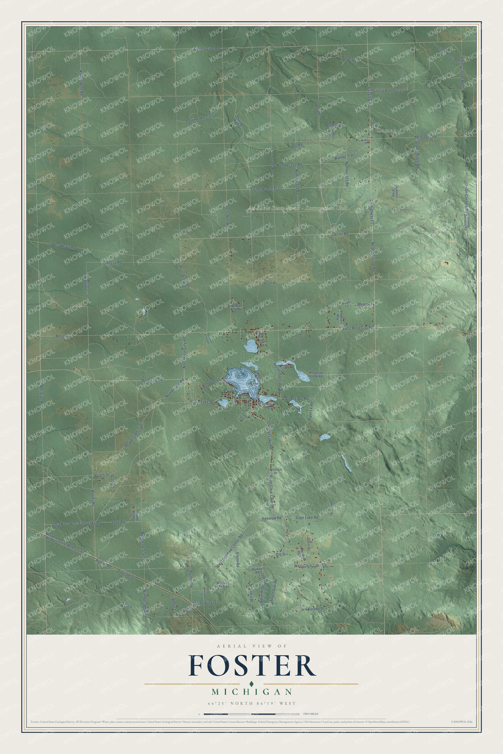 Full map of Foster, Michigan, with red buildings, printed street names and the land around them