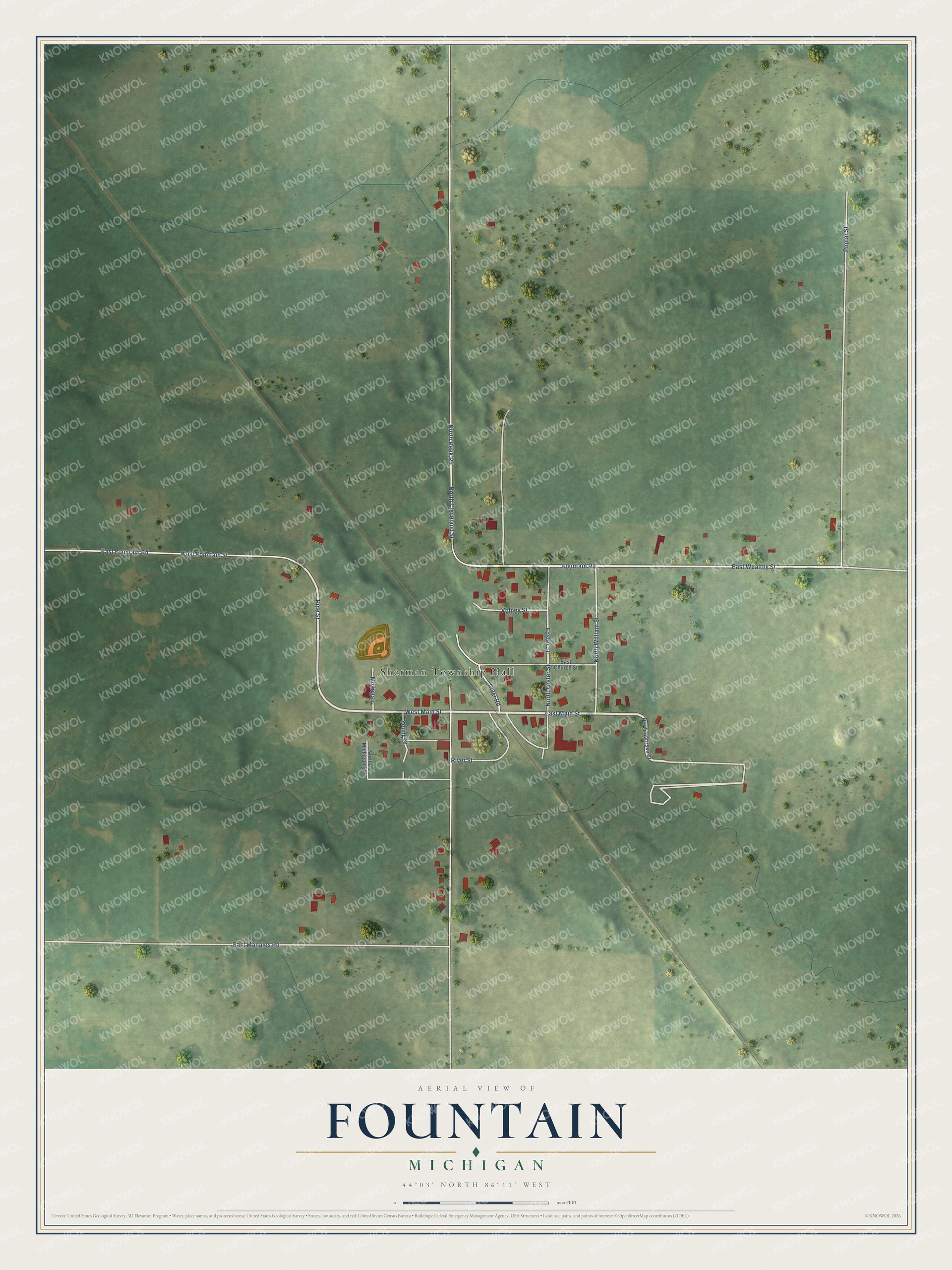 Full map of Fountain, Michigan, with red buildings, printed street names and the land around them