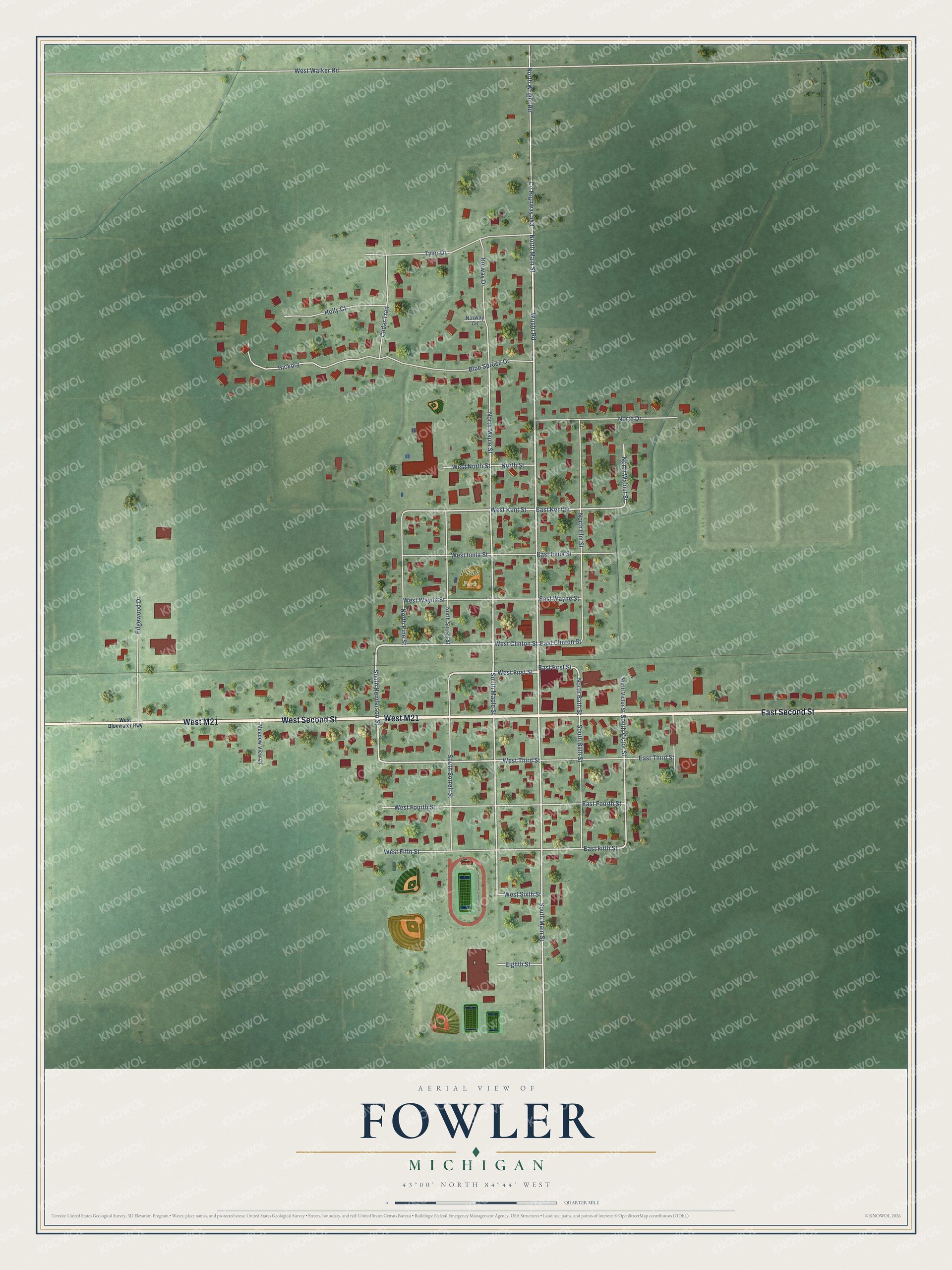 Full map of Fowler, Michigan, with red buildings, printed street names and the land around them