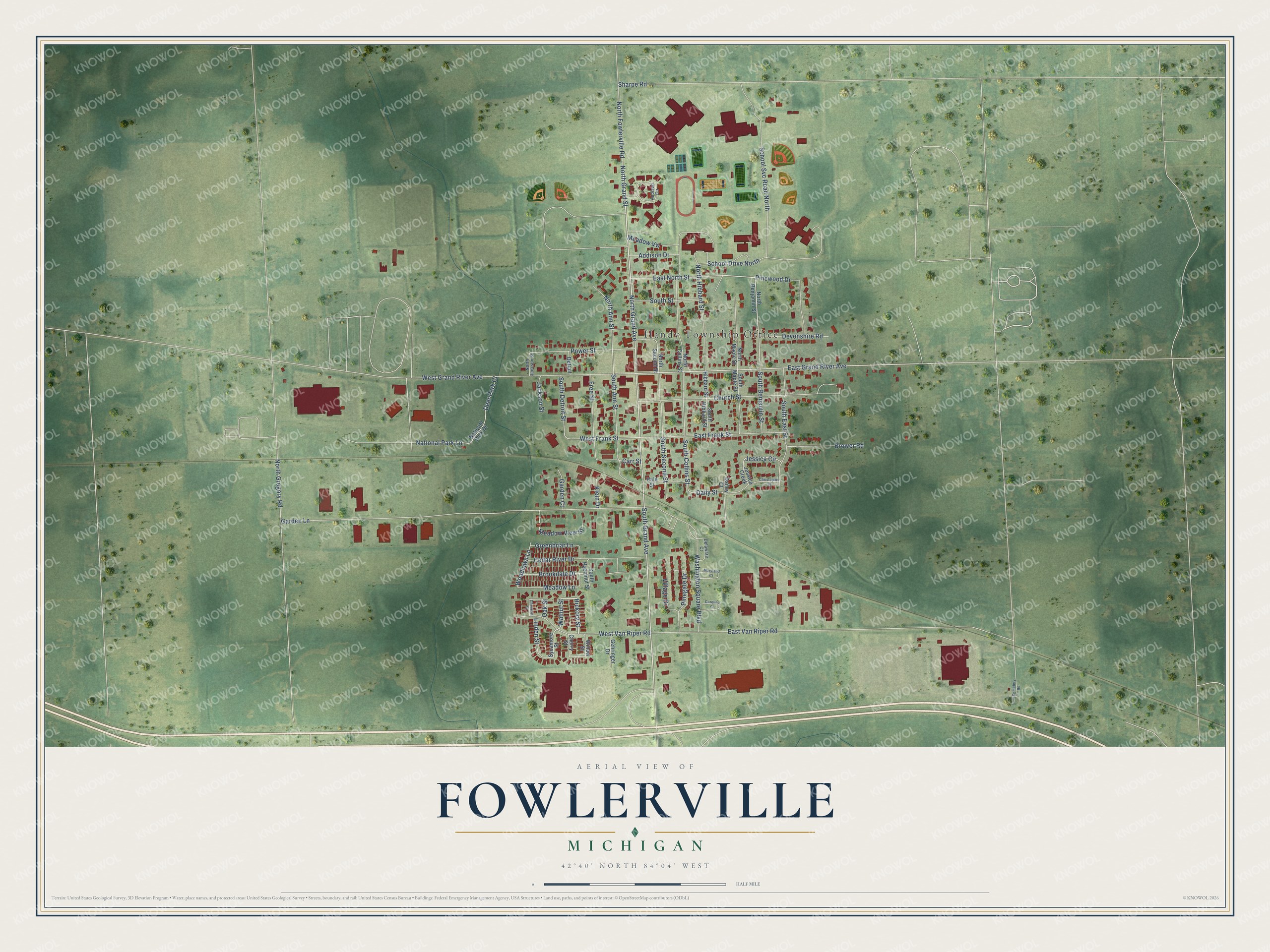 Full map of Fowlerville, Michigan, with red buildings, printed street names and the land around them