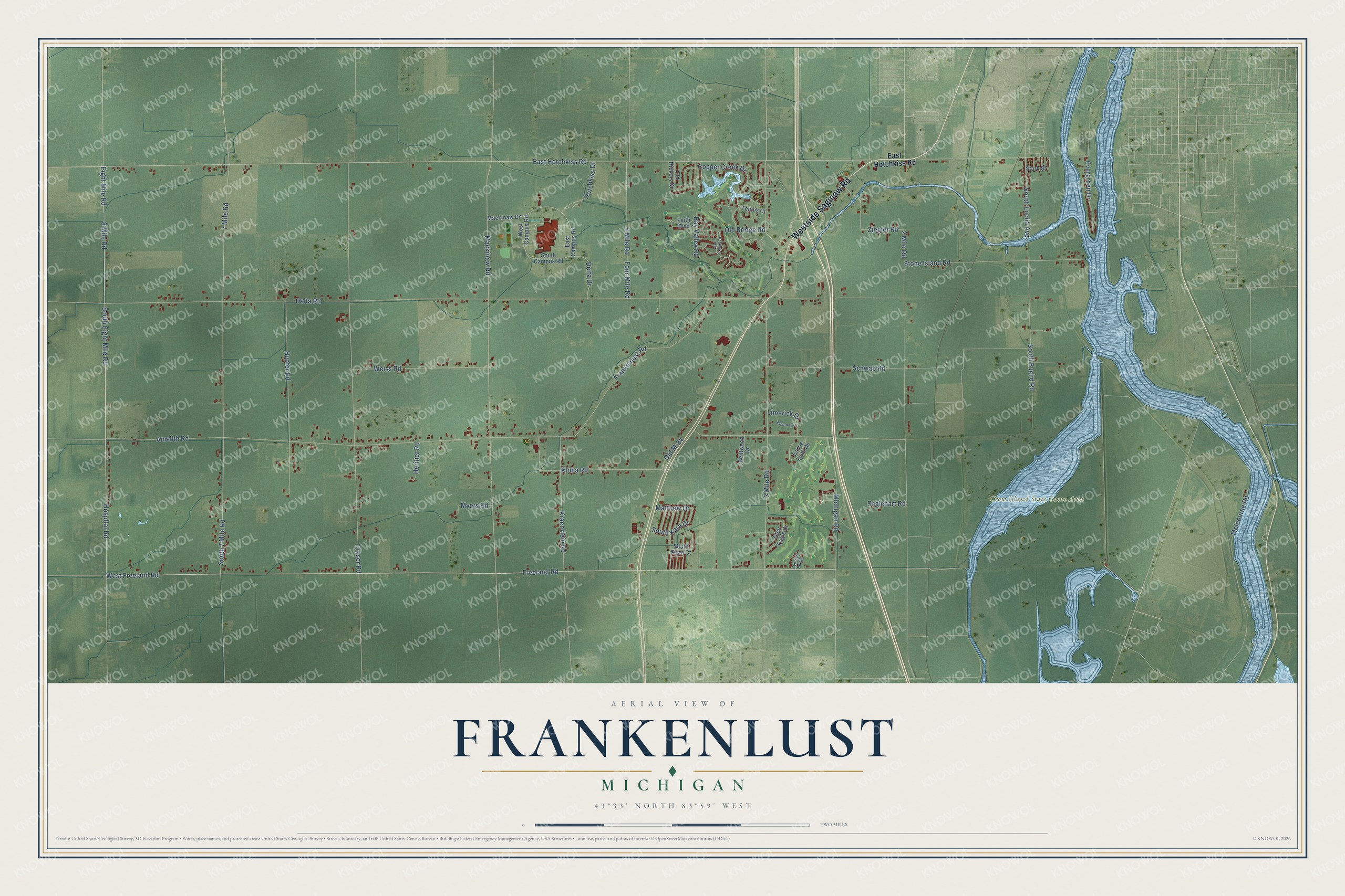 Full map of Frankenlust, Michigan, with red buildings, printed street names and the land around them