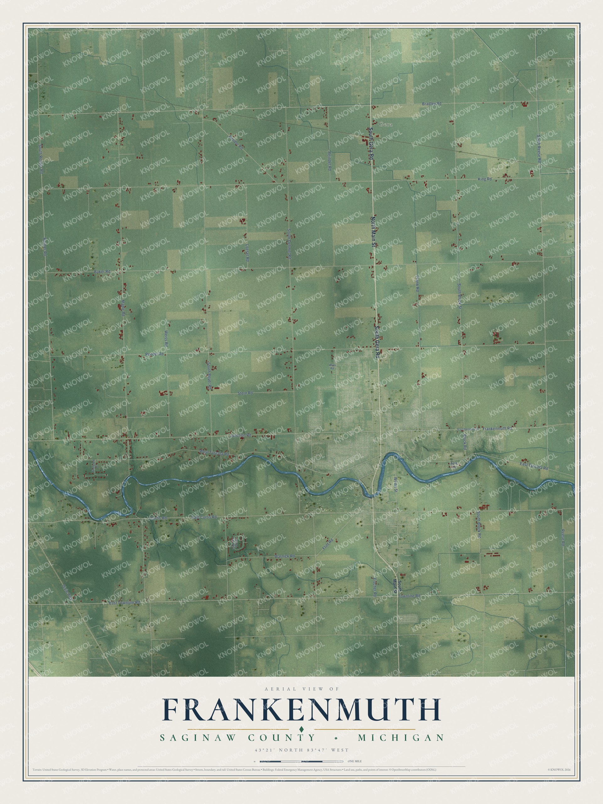 Full map of Frankenmuth, Michigan, with red buildings, printed street names and the land around them