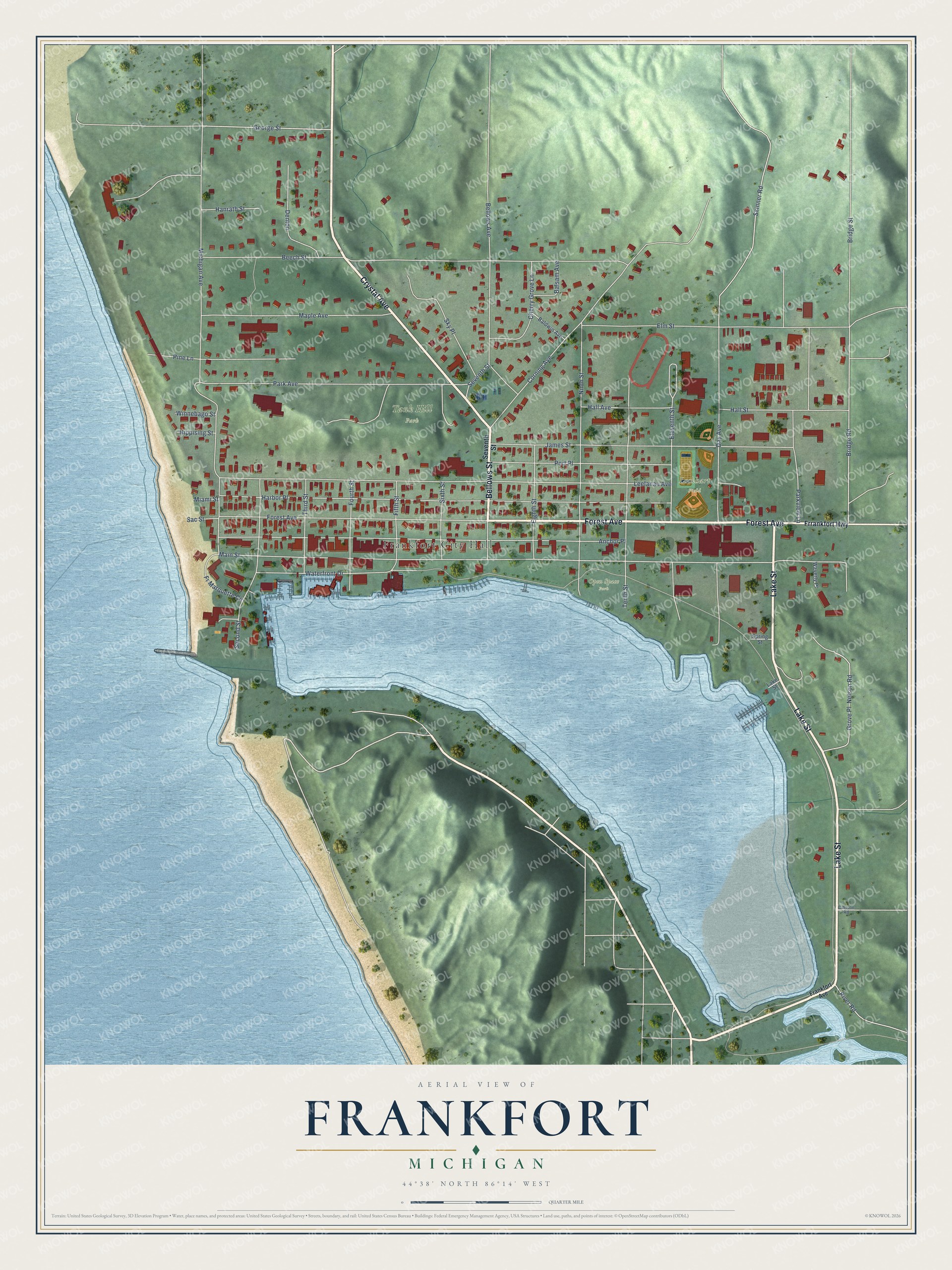 Full map of Frankfort, Michigan, with red buildings, printed street names and the land around them