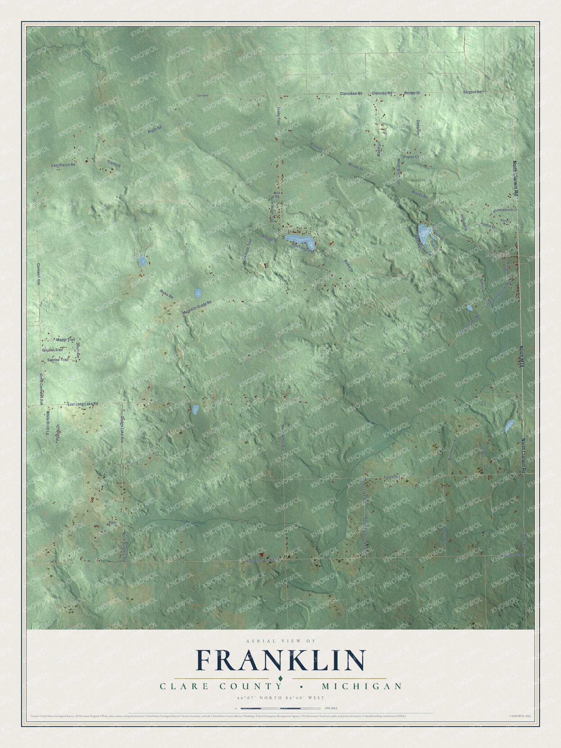 Full map of Franklin, Michigan, with red buildings, printed street names and the land around them