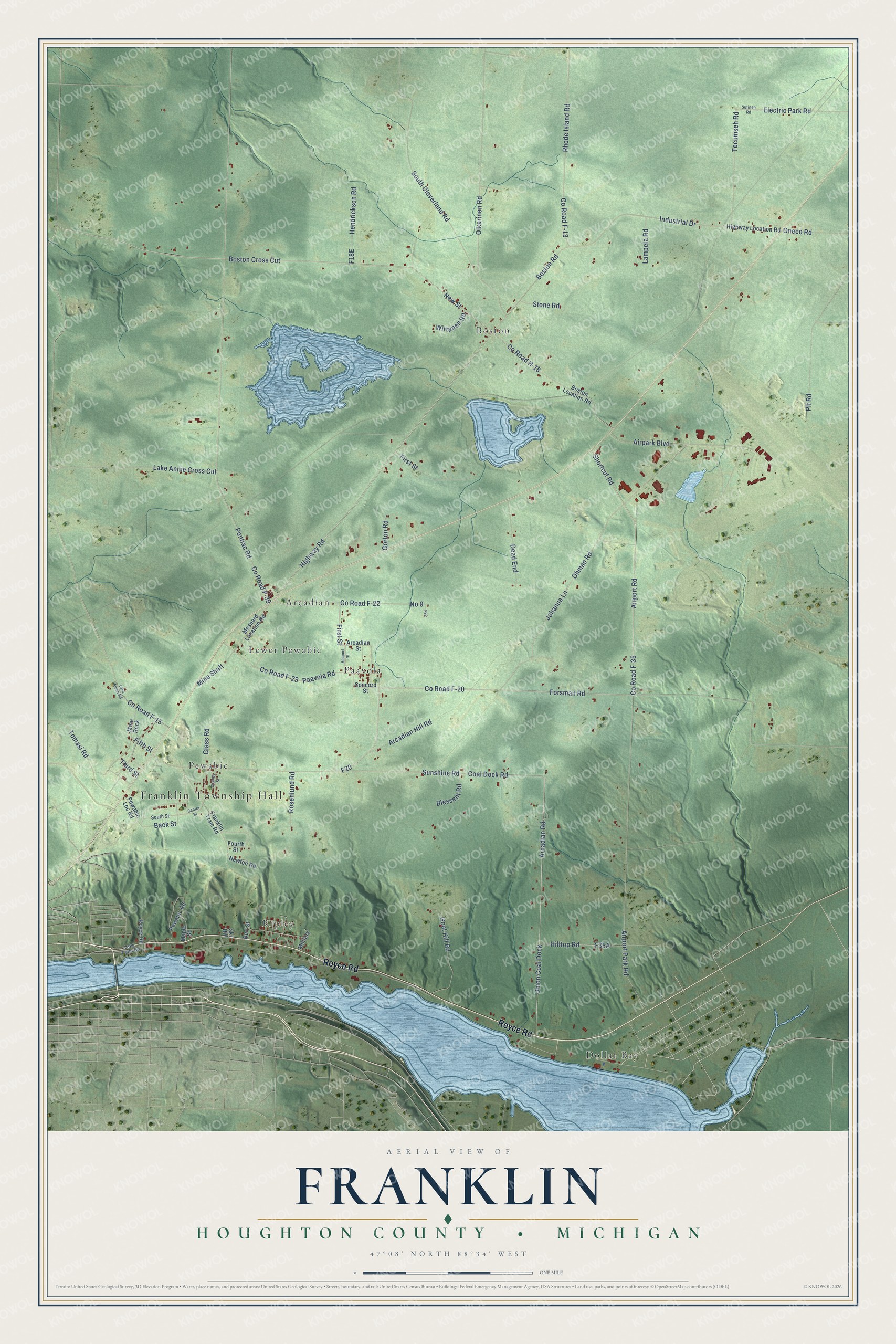 Full map of Franklin, Michigan, with red buildings, printed street names and the land around them