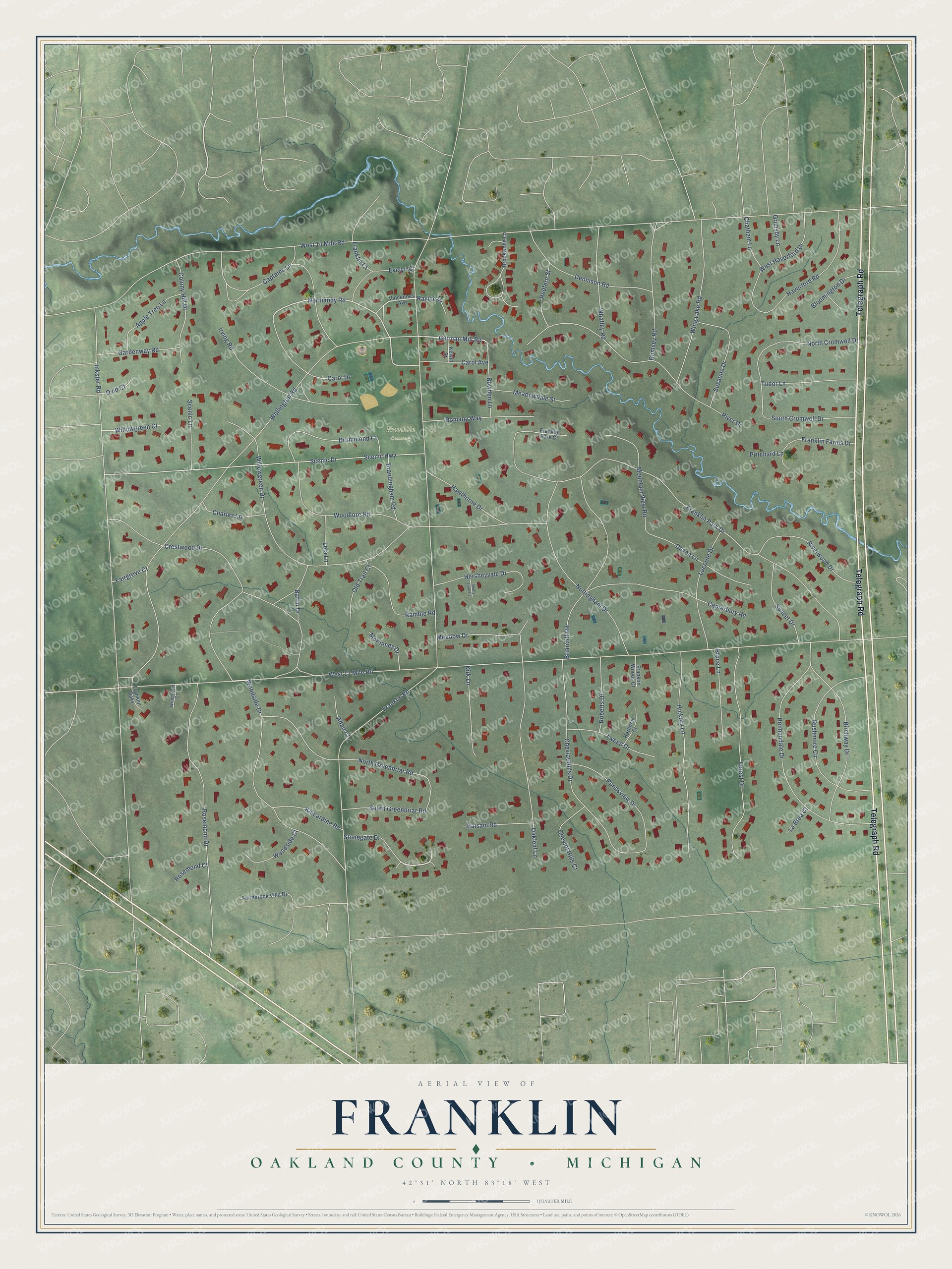 Full map of Franklin, Michigan, with red buildings, printed street names and the land around them
