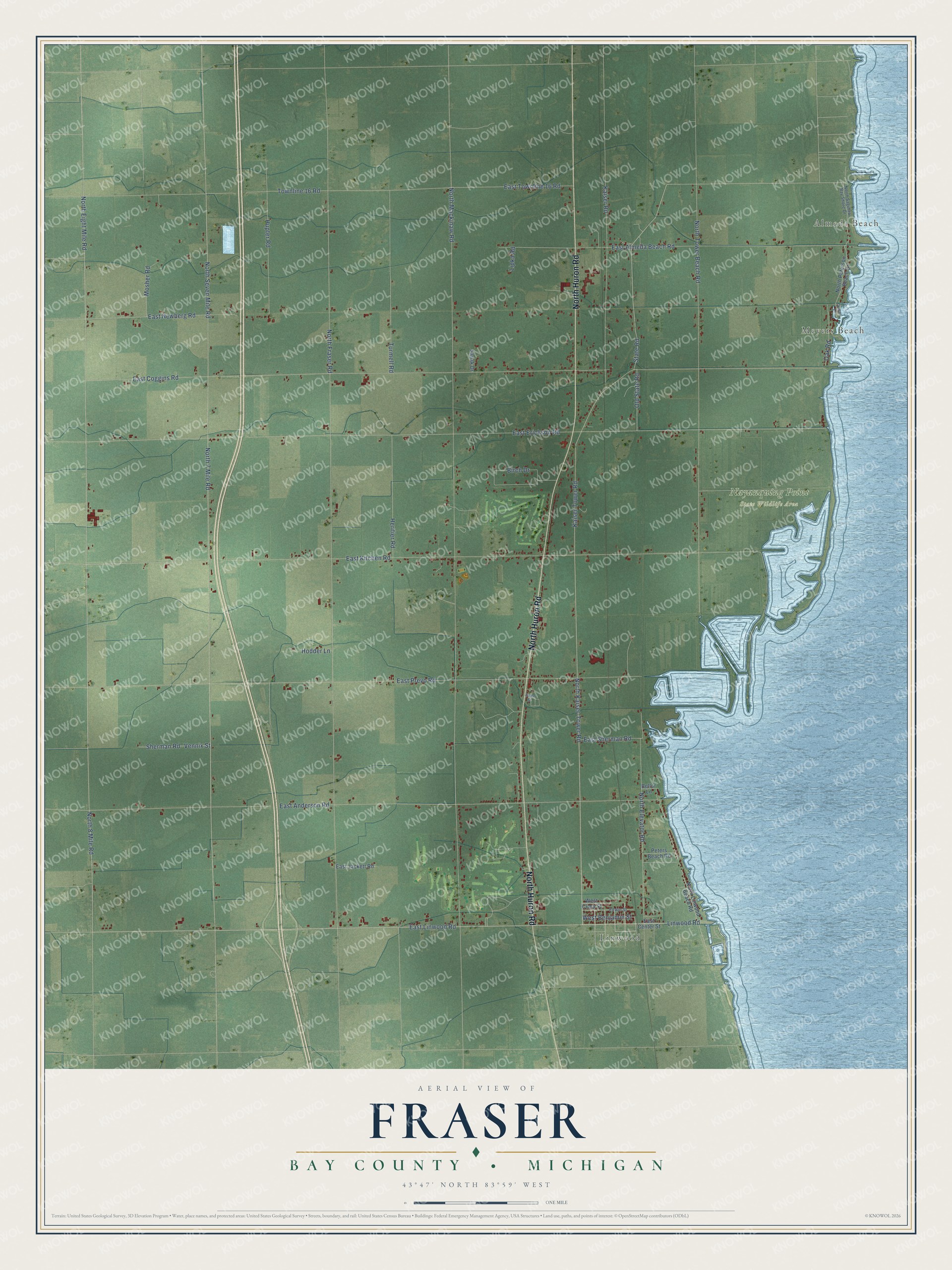 Full map of Fraser, Michigan, with red buildings, printed street names and the land around them