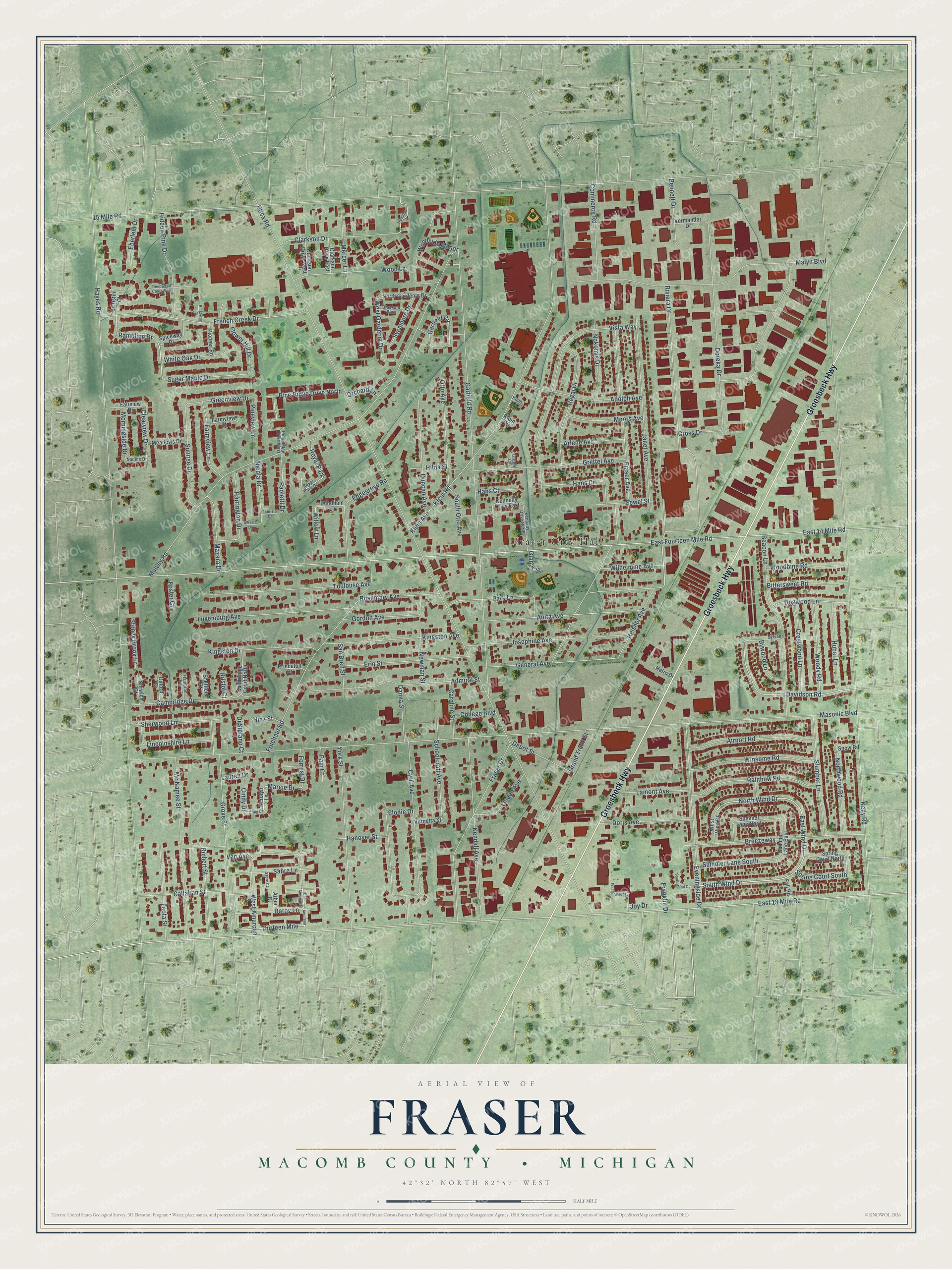 Full map of Fraser, Michigan, with red buildings, printed street names and the land around them