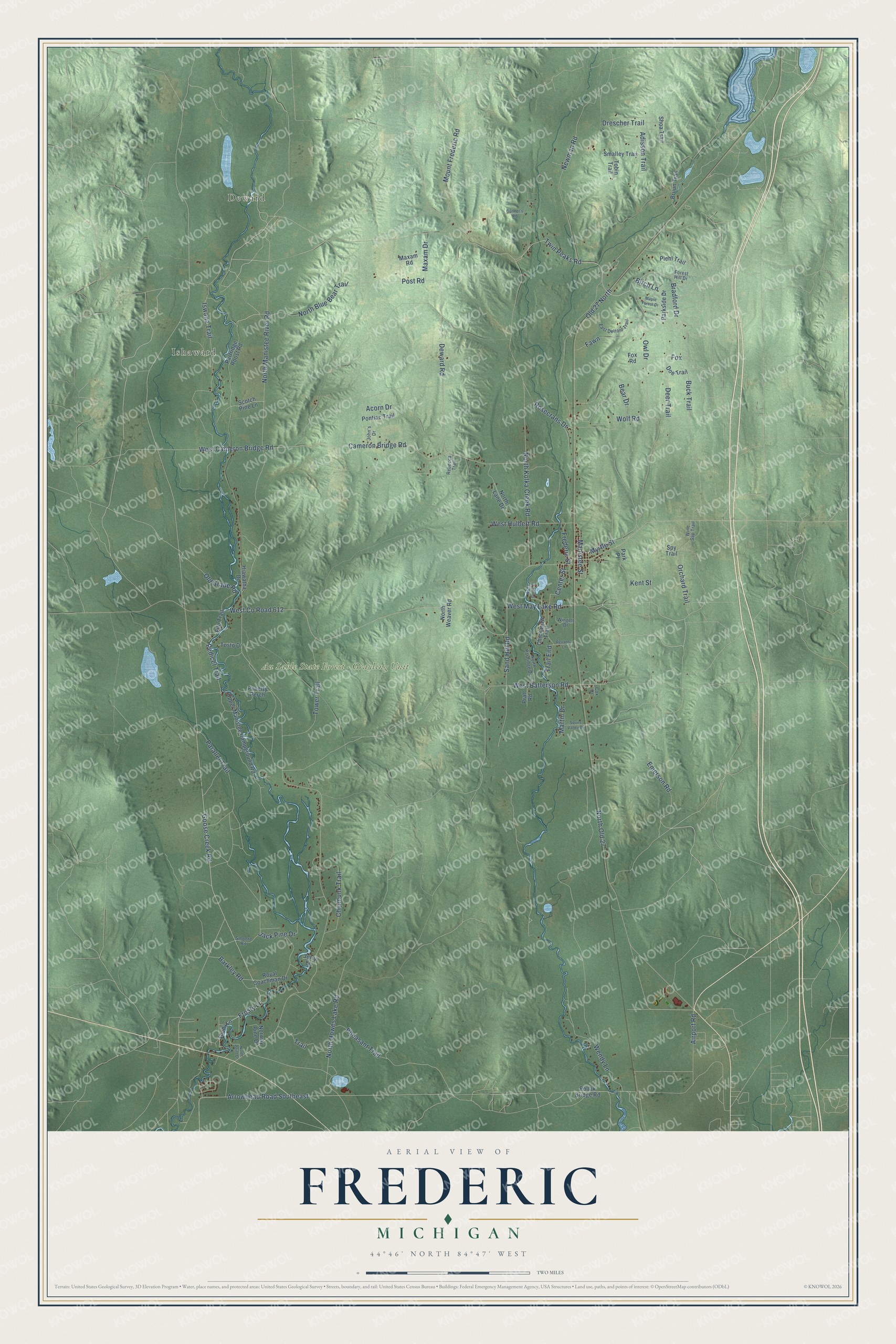 Full map of Frederic, Michigan, with red buildings, printed street names and the land around them