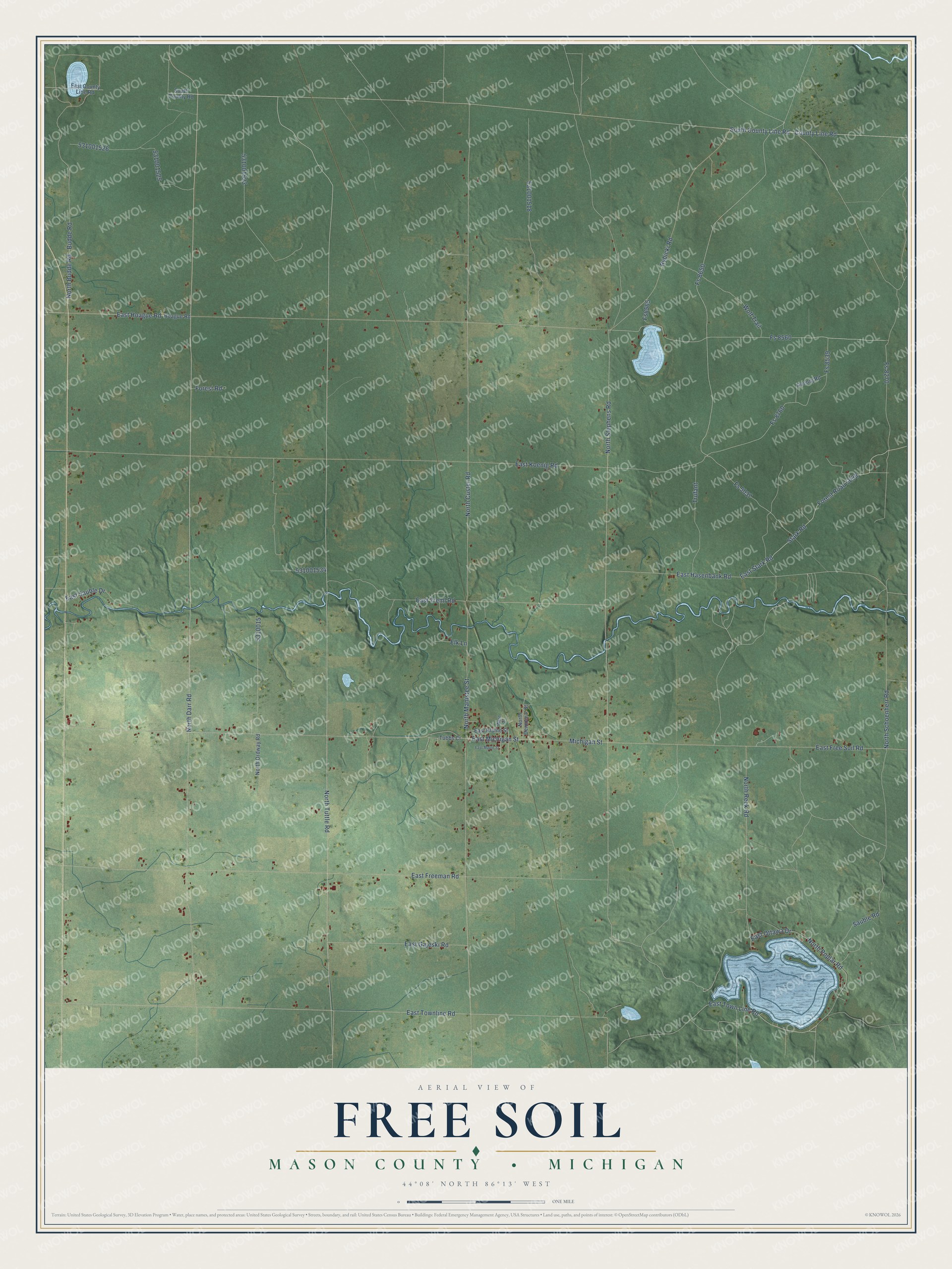 Full map of Free Soil, Michigan, with red buildings, printed street names and the land around them
