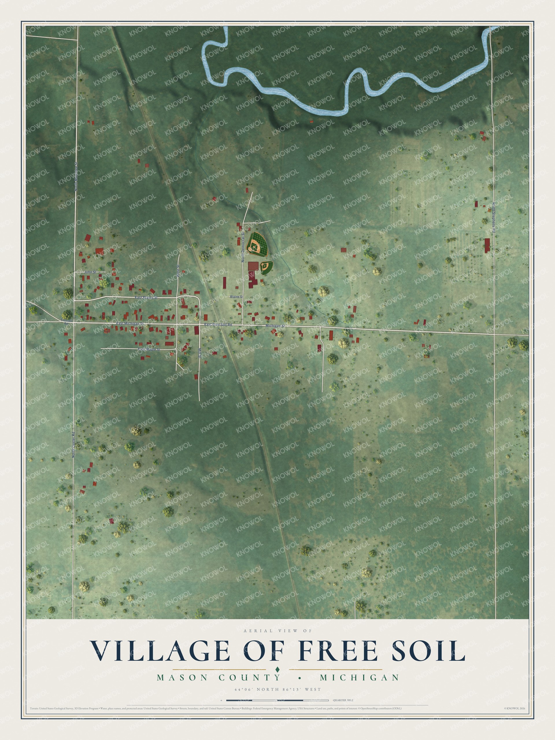 Full map of Free Soil, Michigan, with red buildings, printed street names and the land around them