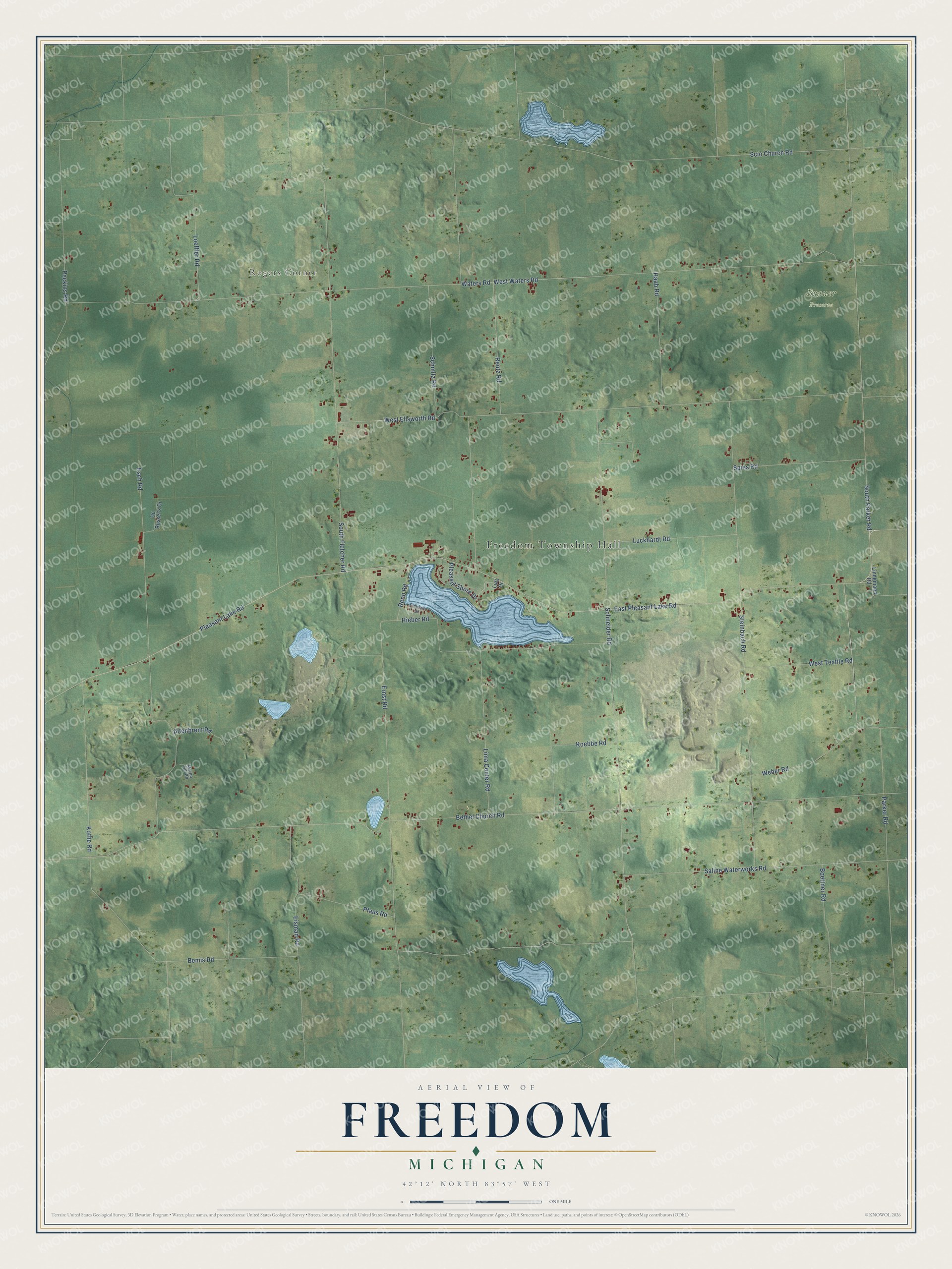 Full map of Freedom, Michigan, with red buildings, printed street names and the land around them