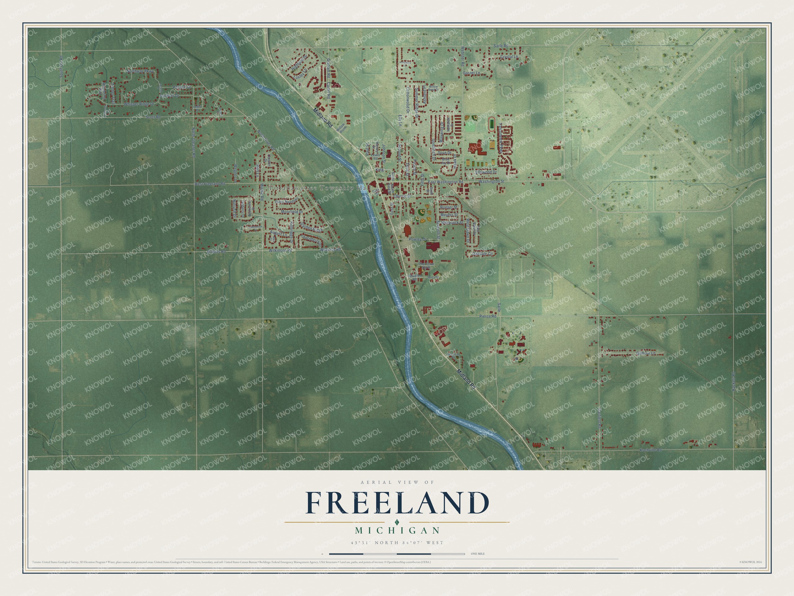 Full map of Freeland, Michigan, with red buildings, printed street names and the land around them